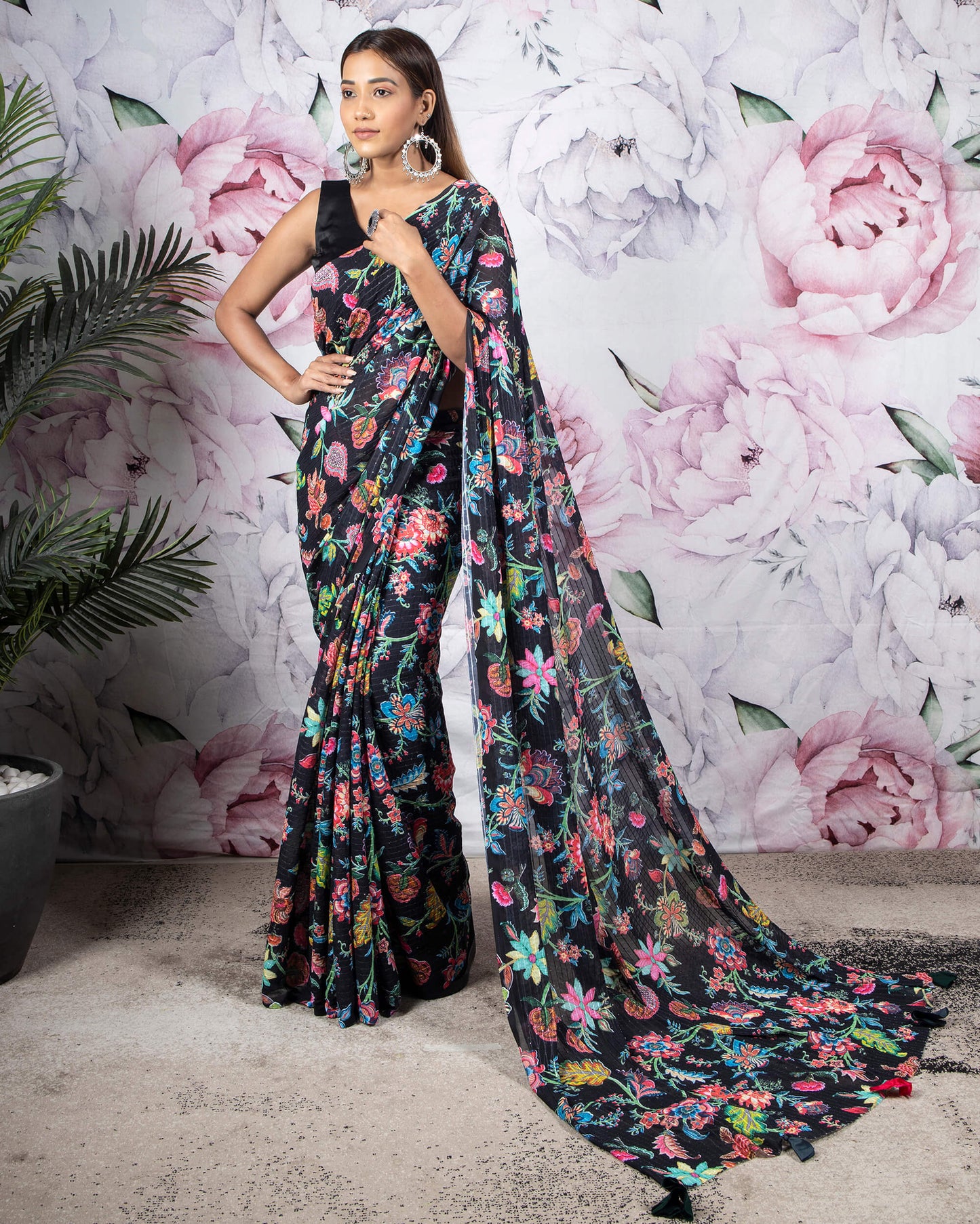 Black And Pink Floral Pattern Sequins Georgette Pre-Draped Saree With Tassels