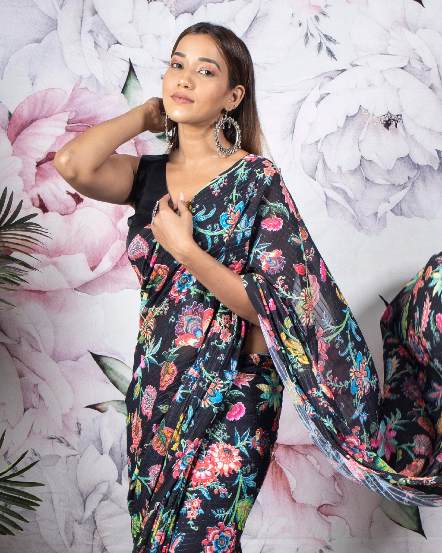 Black And Pink Floral Pattern Sequins Georgette Pre-Draped Saree With Tassels