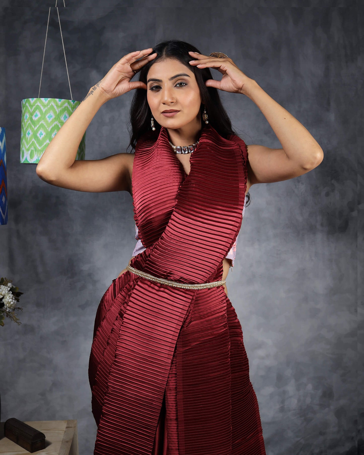 Maroon Plain Half Pleated Japan Satin Pre-Draped Saree