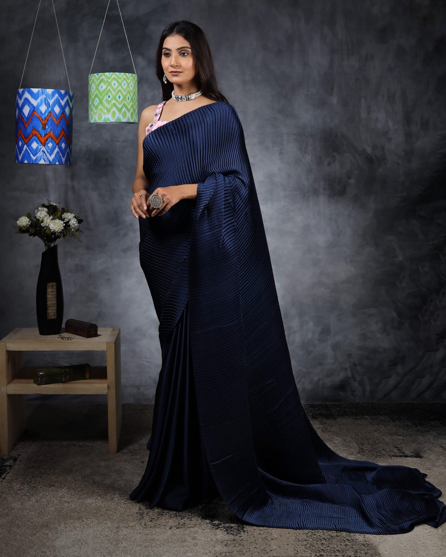 Navy Blue Plain Half Pleated Japan Satin Pre-Draped Saree