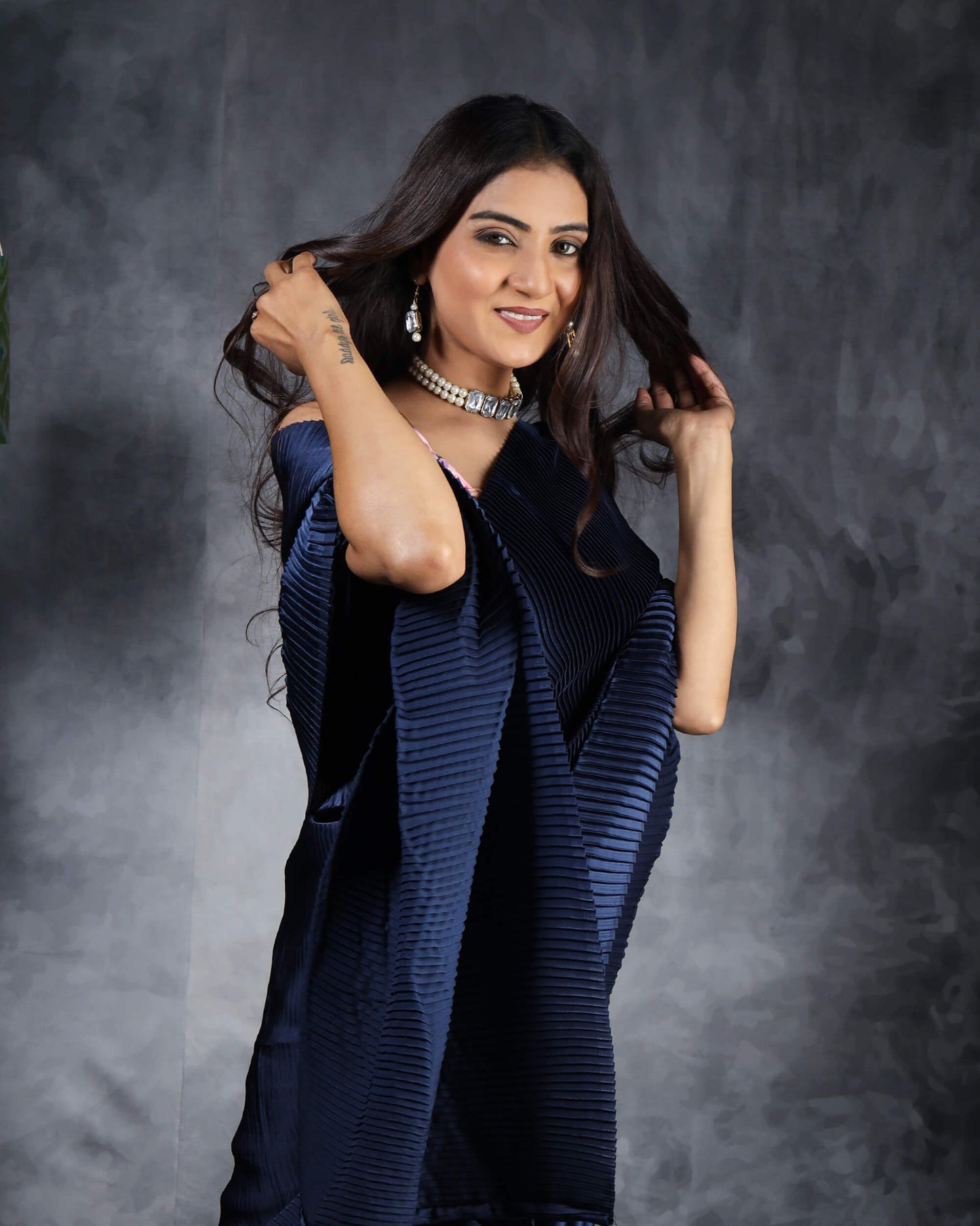 Navy Blue Plain Half Pleated Japan Satin Saree