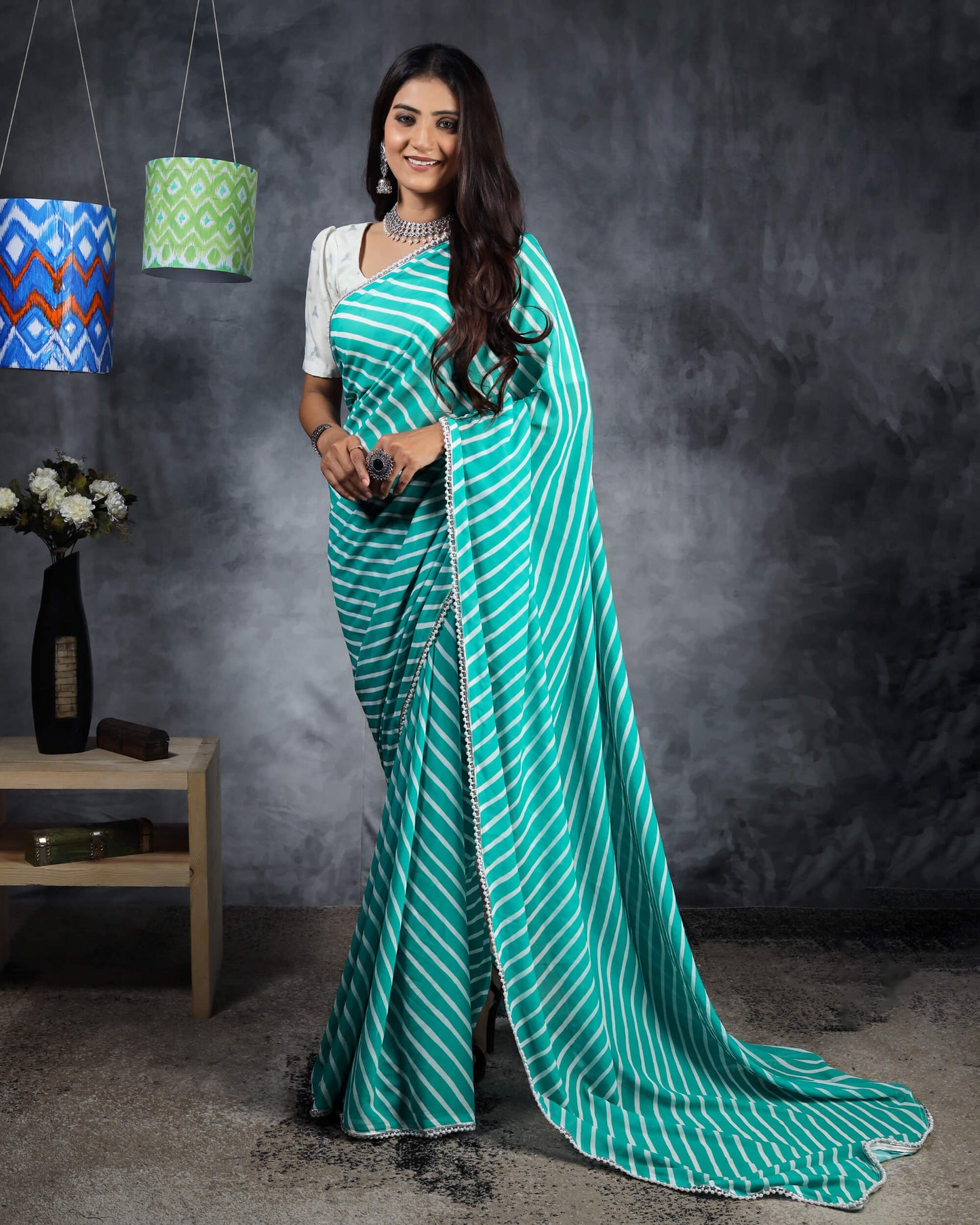 Turquoise And White Leheriya Pattern Digital Print Georgette Pre-Draped Saree With Pearl Work Lace Border