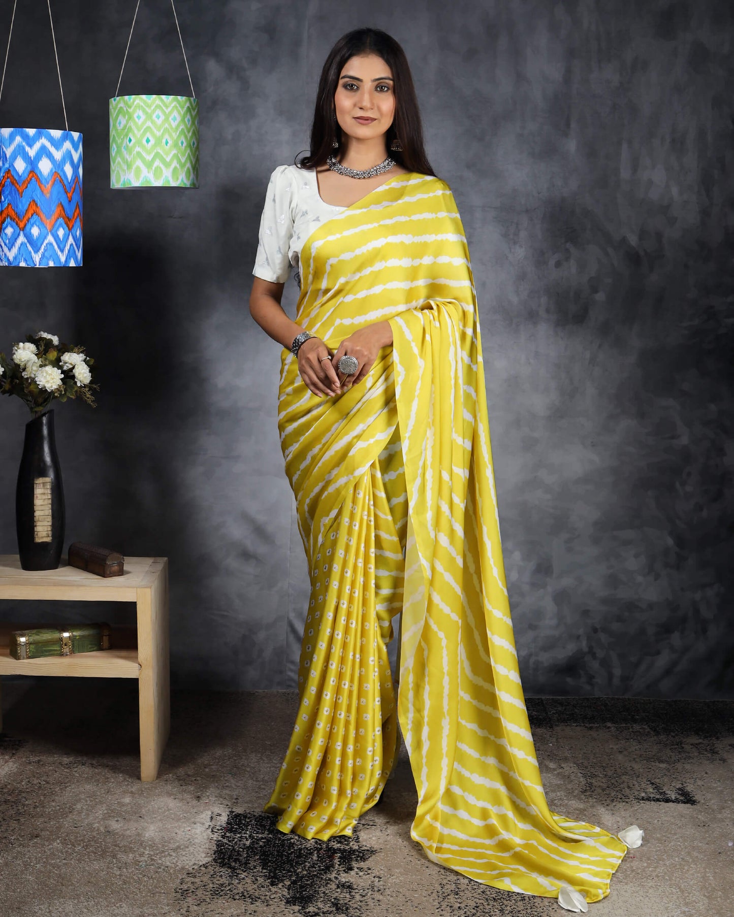 Royal Yellow And White Leheriya Pattern Digital Print Georgette Satin Pre-Draped Saree With Tassels