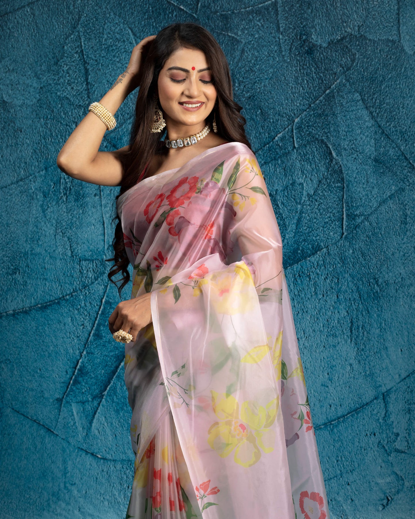 White And Yellow Floral Pattern Liquid Organza Pre-Draped Saree