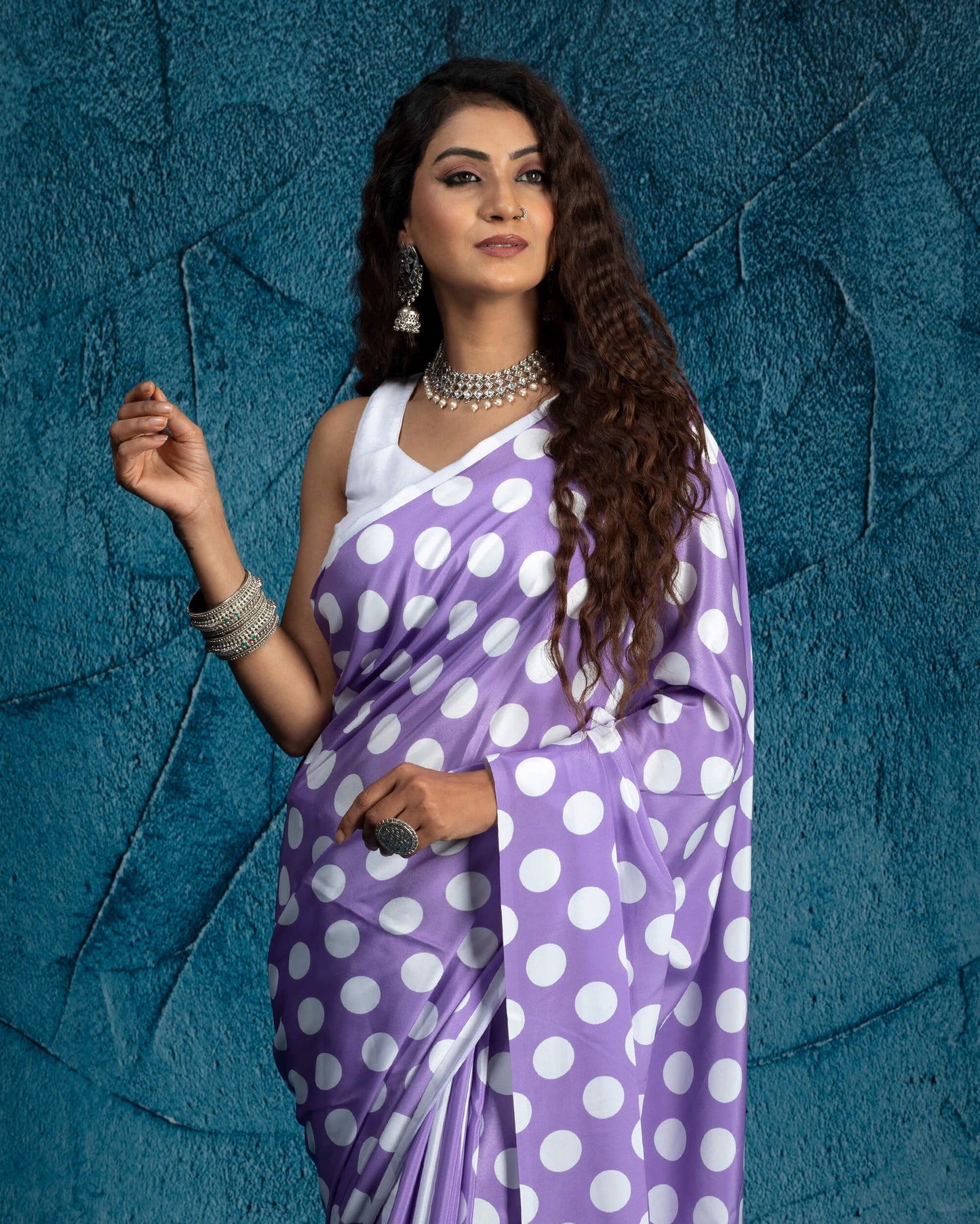 Lilac Purple And White Polka Dots Pattern Digital Print Crepe Silk Pre-Draped Saree With Tassels
