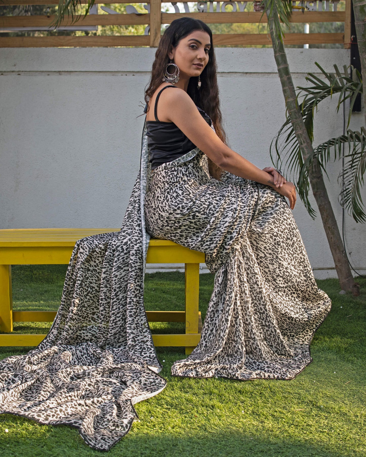 Black And Cream Animal Pattern Digital Print Georgette Satin Pre-Draped Saree With Lace Border