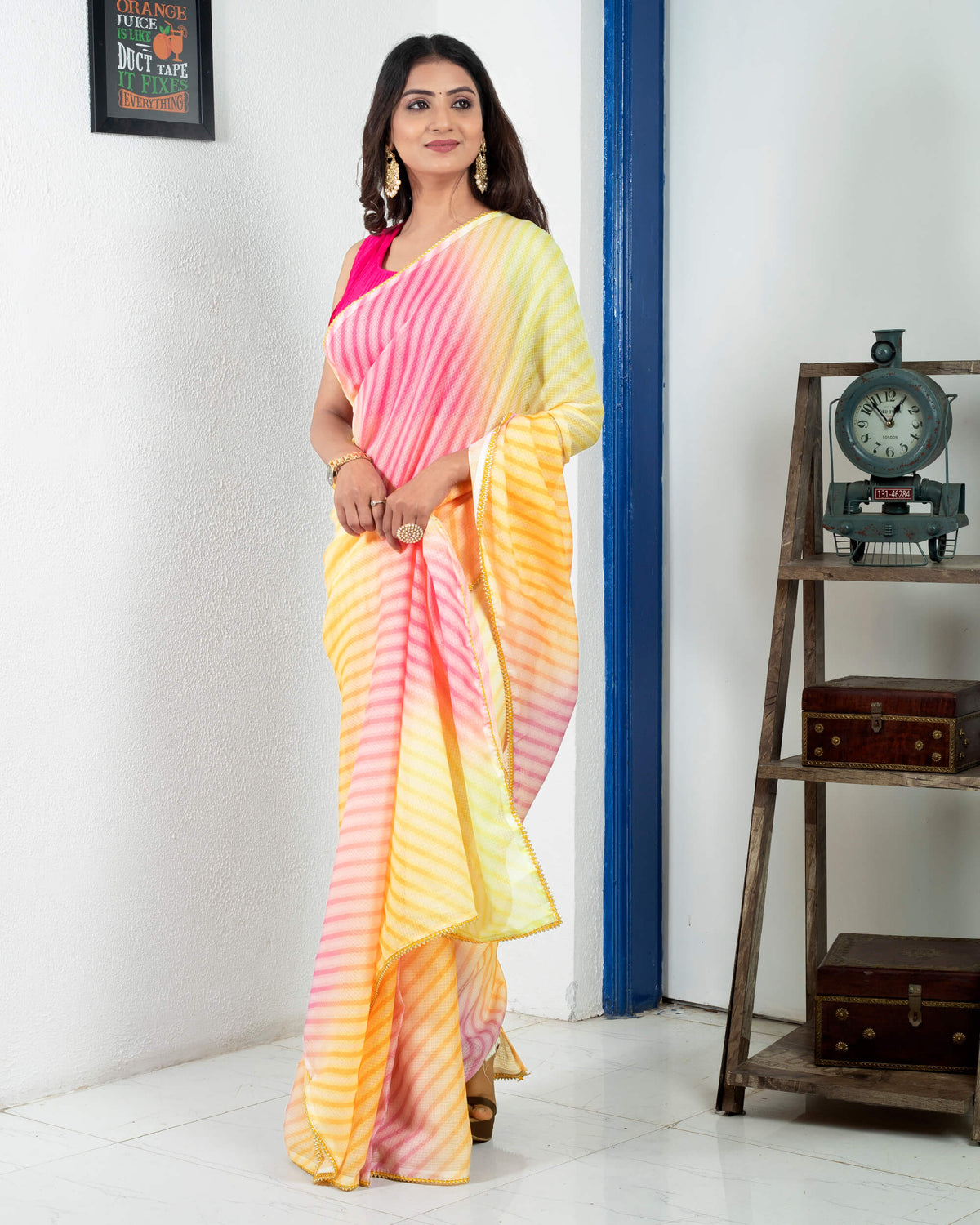 Bumblebee Yellow And Pink Ombre Pattern Digital Print Kota Doria Pre-Draped Saree With Sequins Lace Border