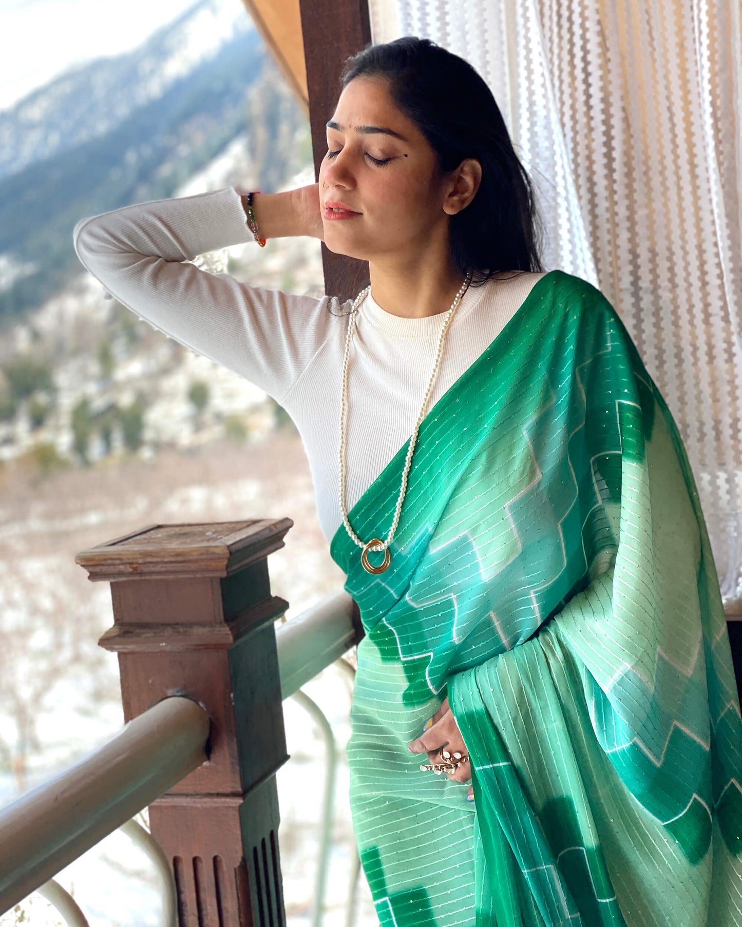 Mint Green Geometric Pattern Premium Sequins Georgette Pre-Draped Saree