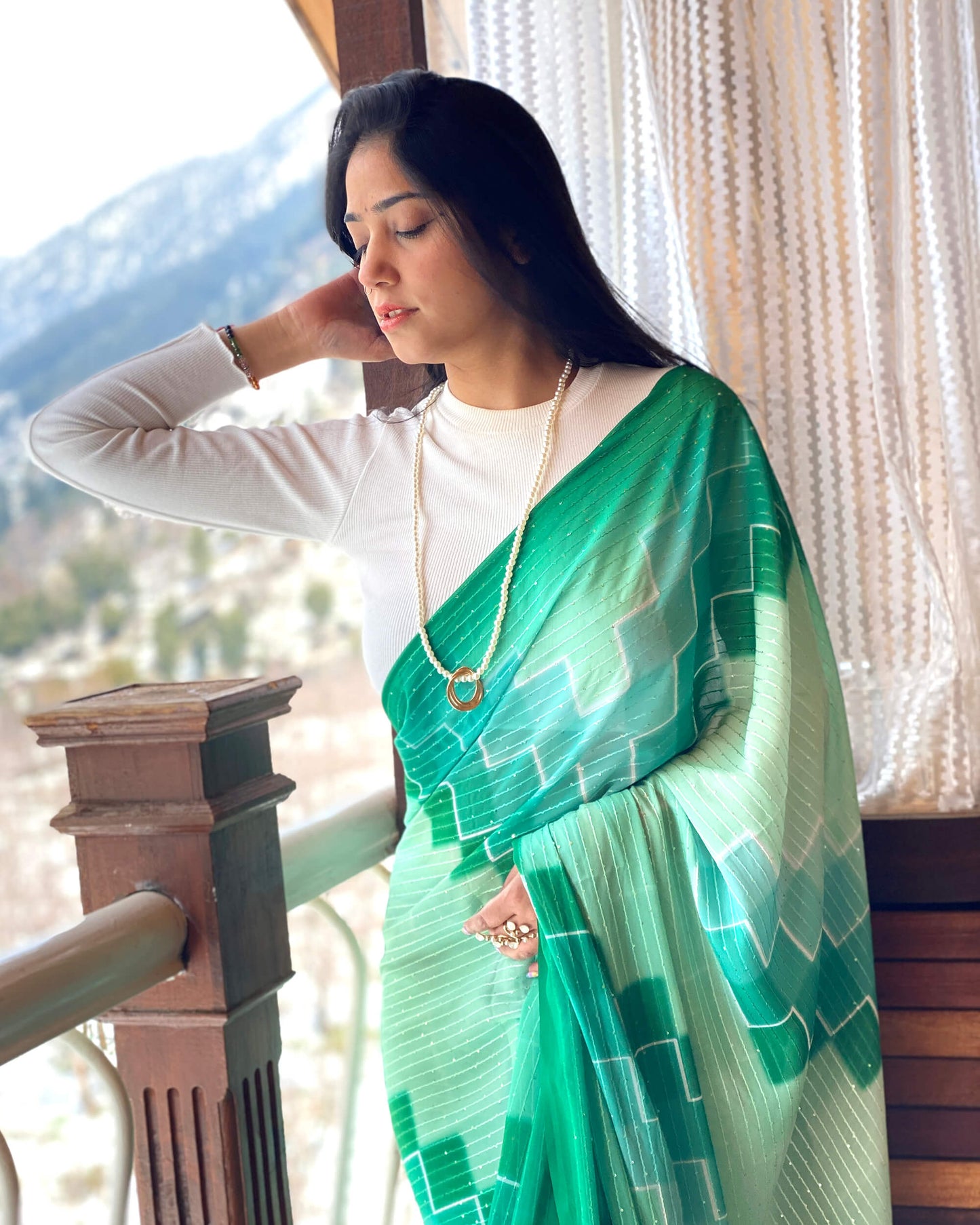 Mint Green Geometric Pattern Premium Sequins Georgette Pre-Draped Saree