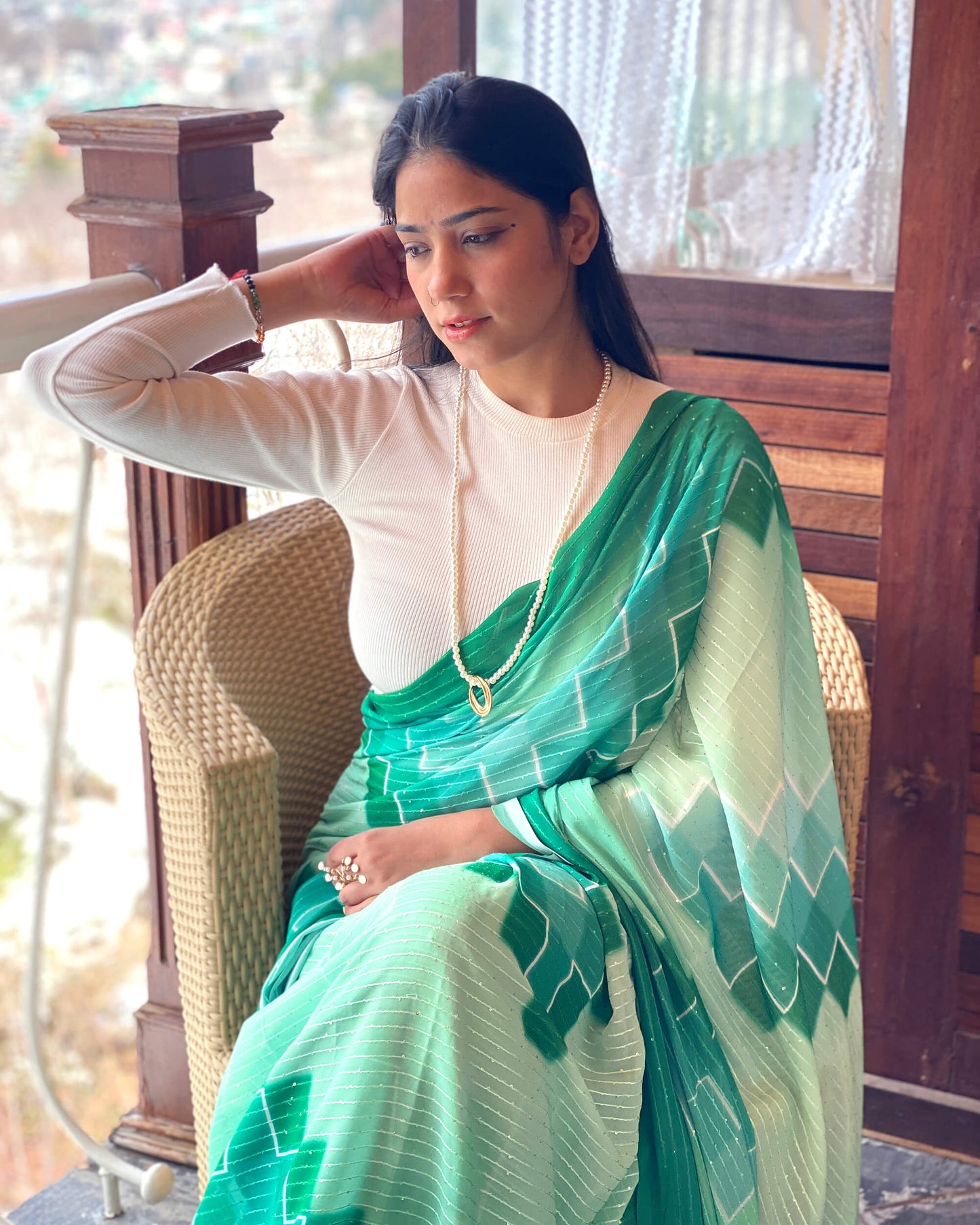 Mint Green Geometric Pattern Premium Sequins Georgette Pre-Draped Saree
