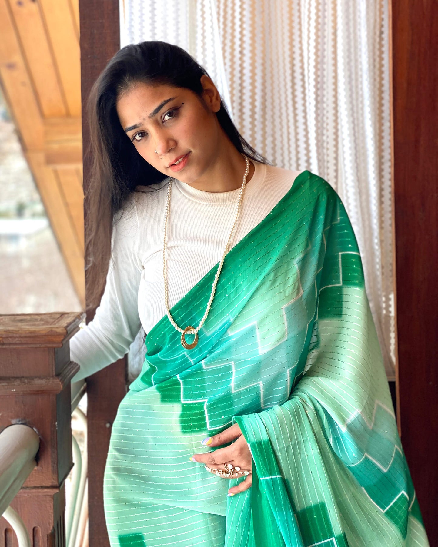 Mint Green Geometric Pattern Premium Sequins Georgette Pre-Draped Saree