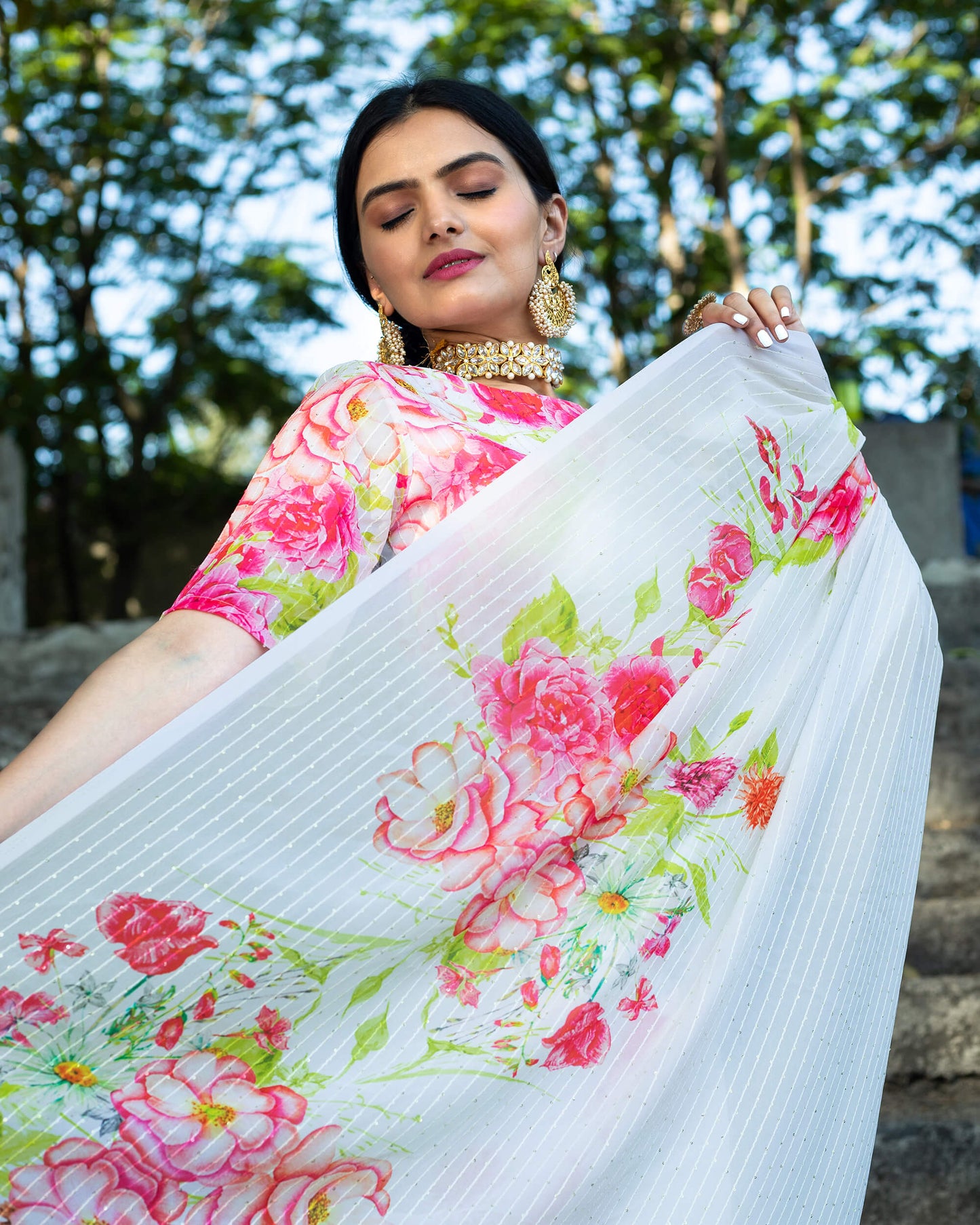 White And Pink Floral Pattern Premium Sequins Georgette Pre-Draped Saree