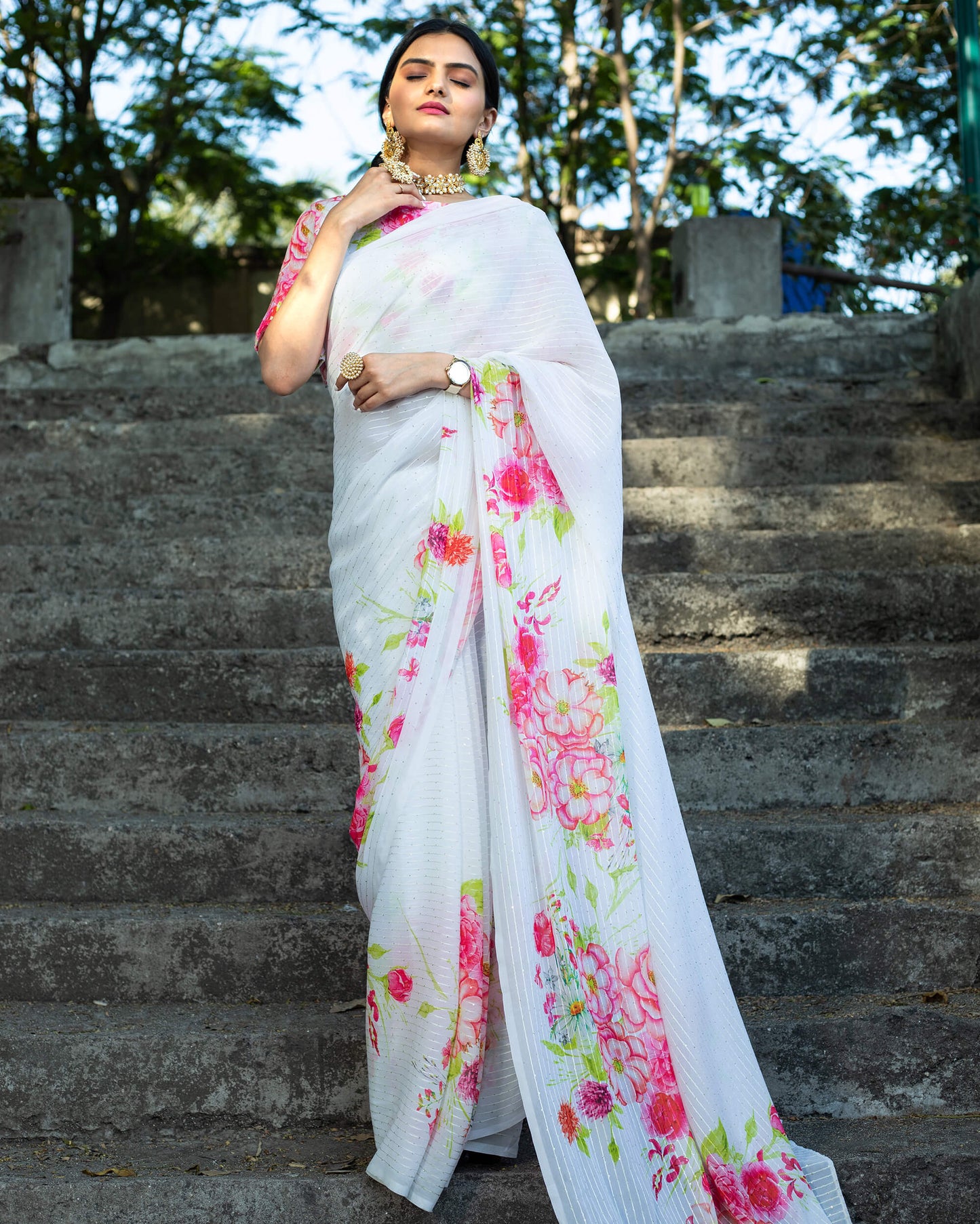 White And Pink Floral Pattern Premium Sequins Georgette Pre-Draped Saree
