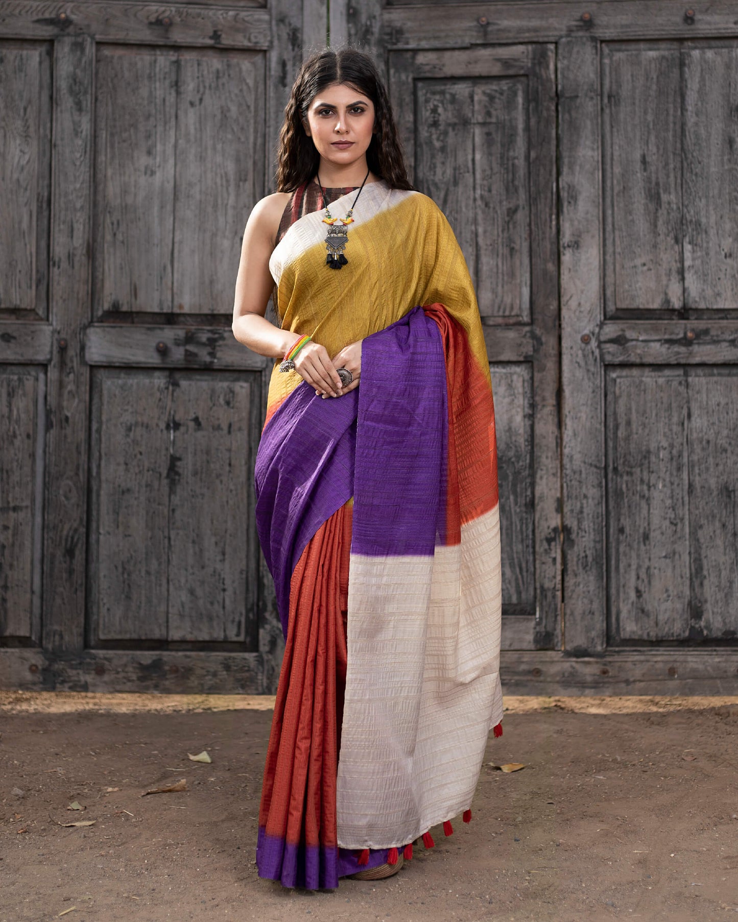 Multi-Color Ombre Pattern Digital Print Art Tusser Silk Saree With Tassels
