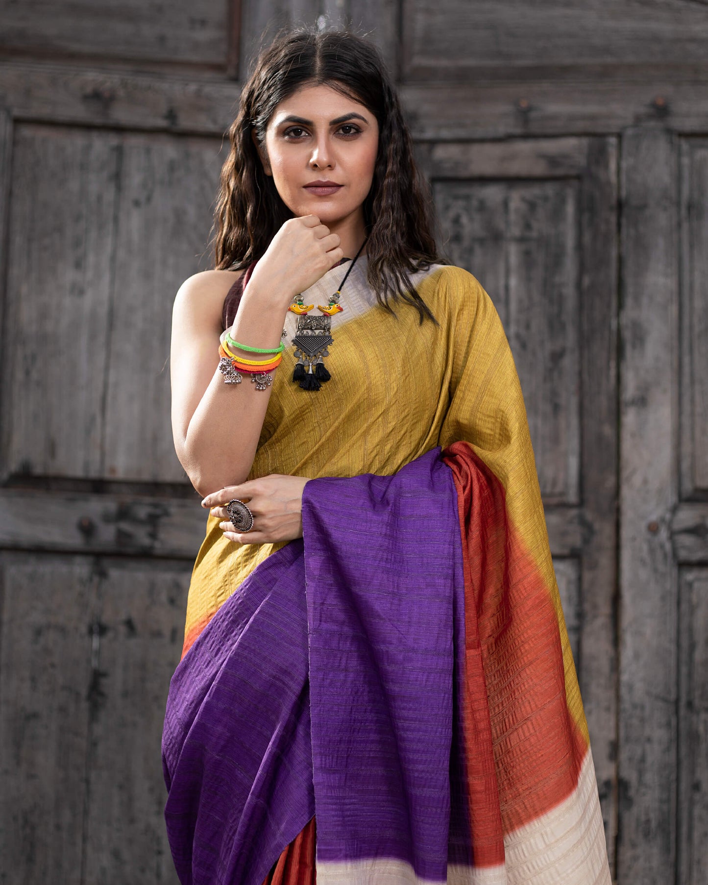 Multi-Color Ombre Pattern Digital Print Art Tusser Silk Saree With Tassels