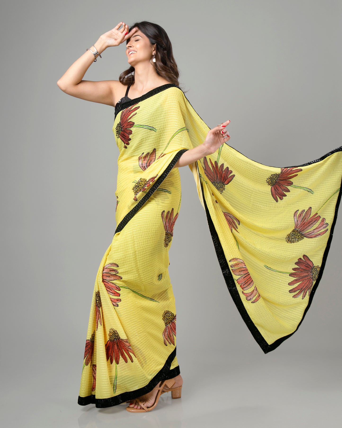 Lovely Anciant Floral Embroidery Pre-Draped Saree