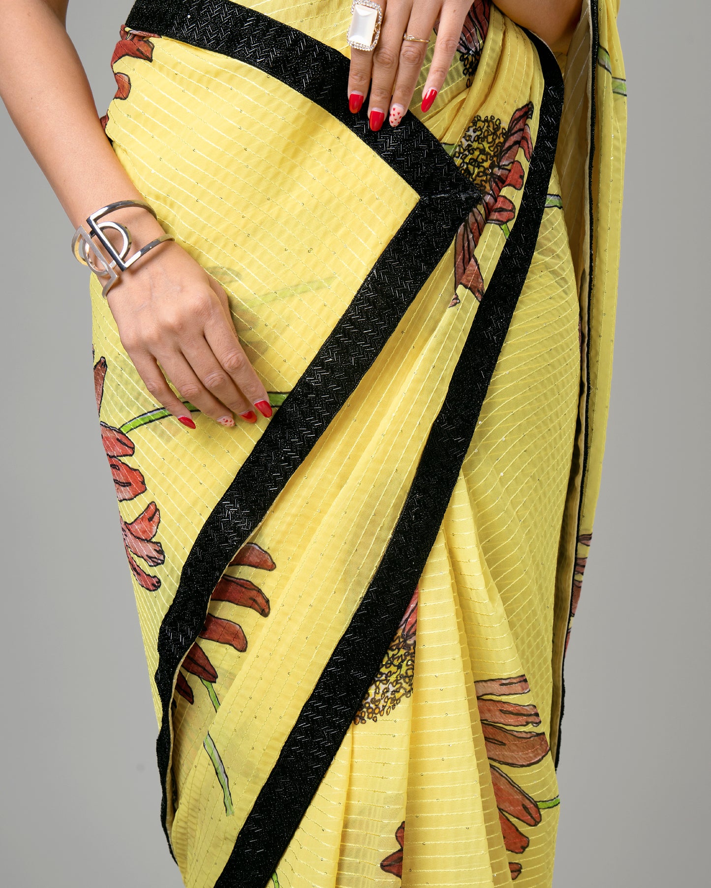 Lovely Anciant Floral Embroidery Pre-Draped Saree