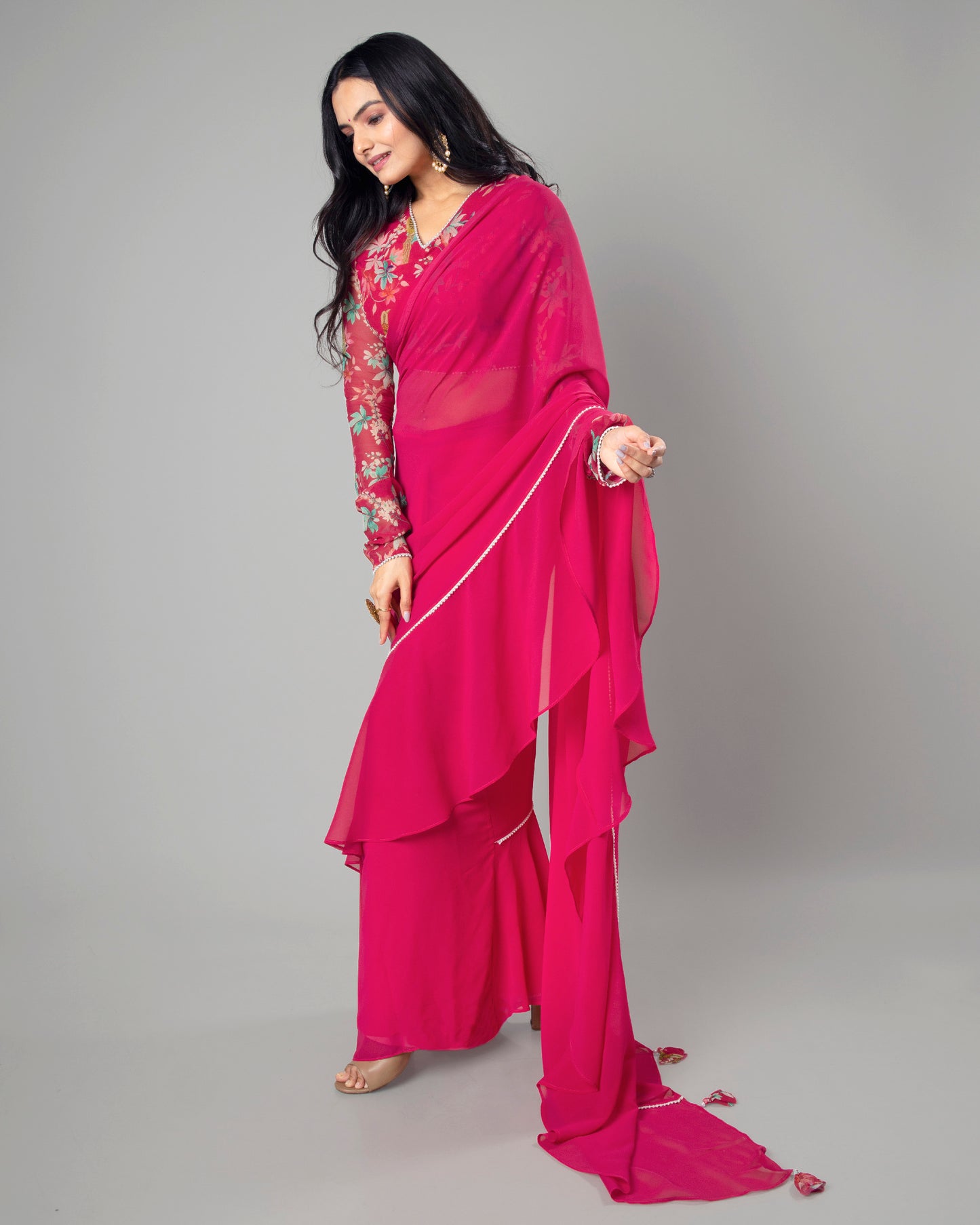 Classic Hot Pink Ruffled Designer Pre-Draped Saree