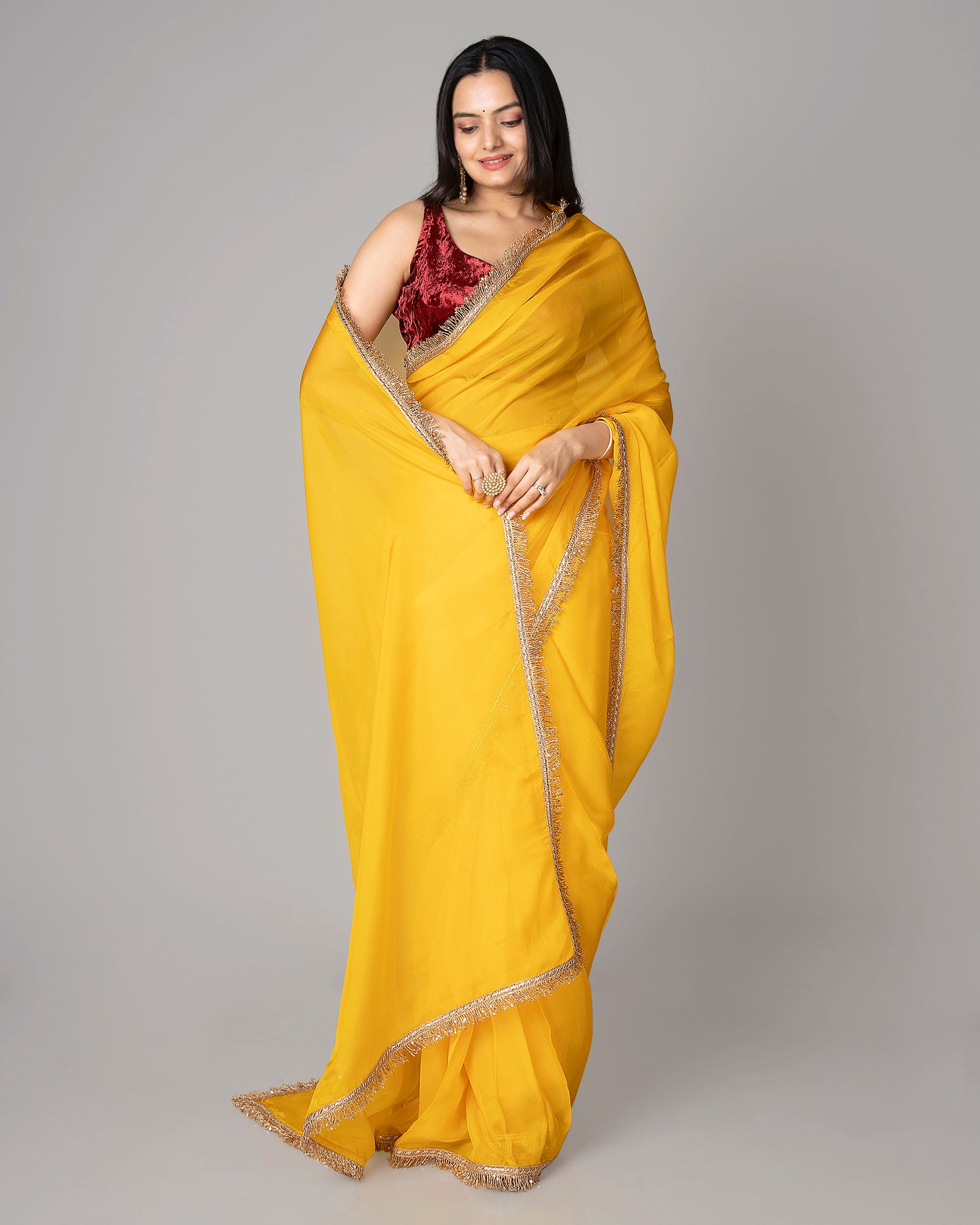 Lace-Trimmed Pre-Draped Pure Organza Saree for Any Occasion