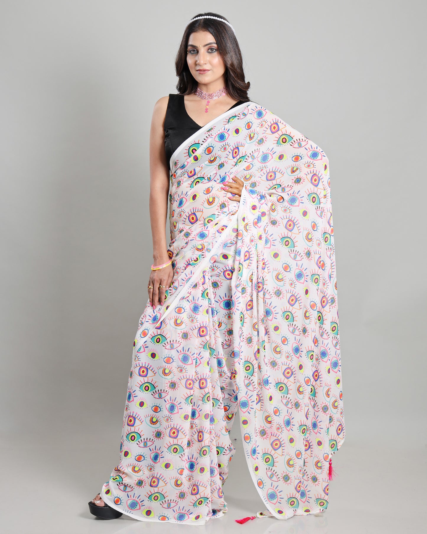 A Touch Of Neon Magic: Evil Eye Georgette Saree