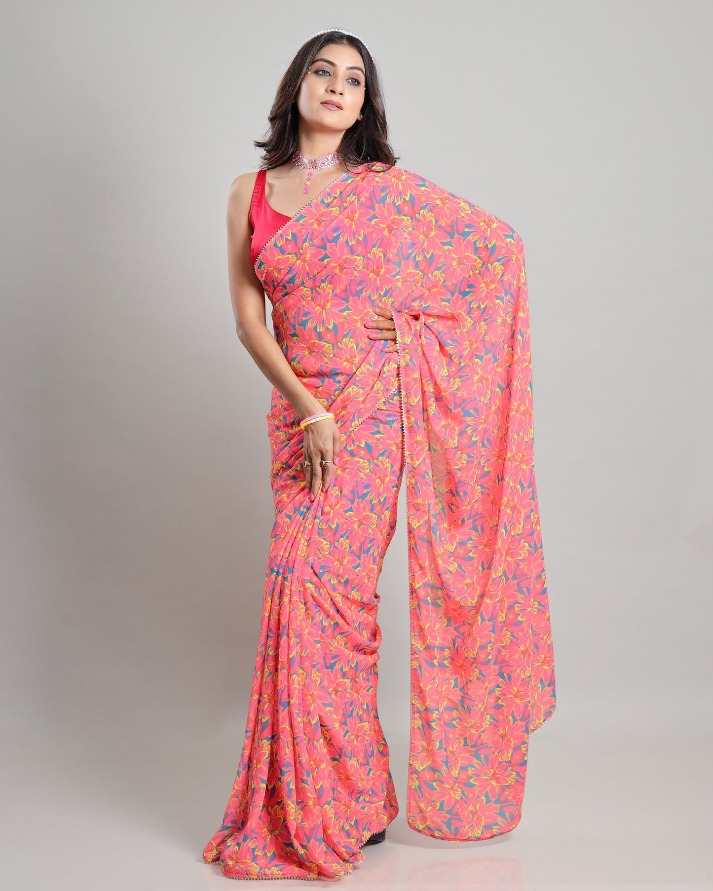 Floral Fiesta: A Playful Floral Neon Georgette Saree