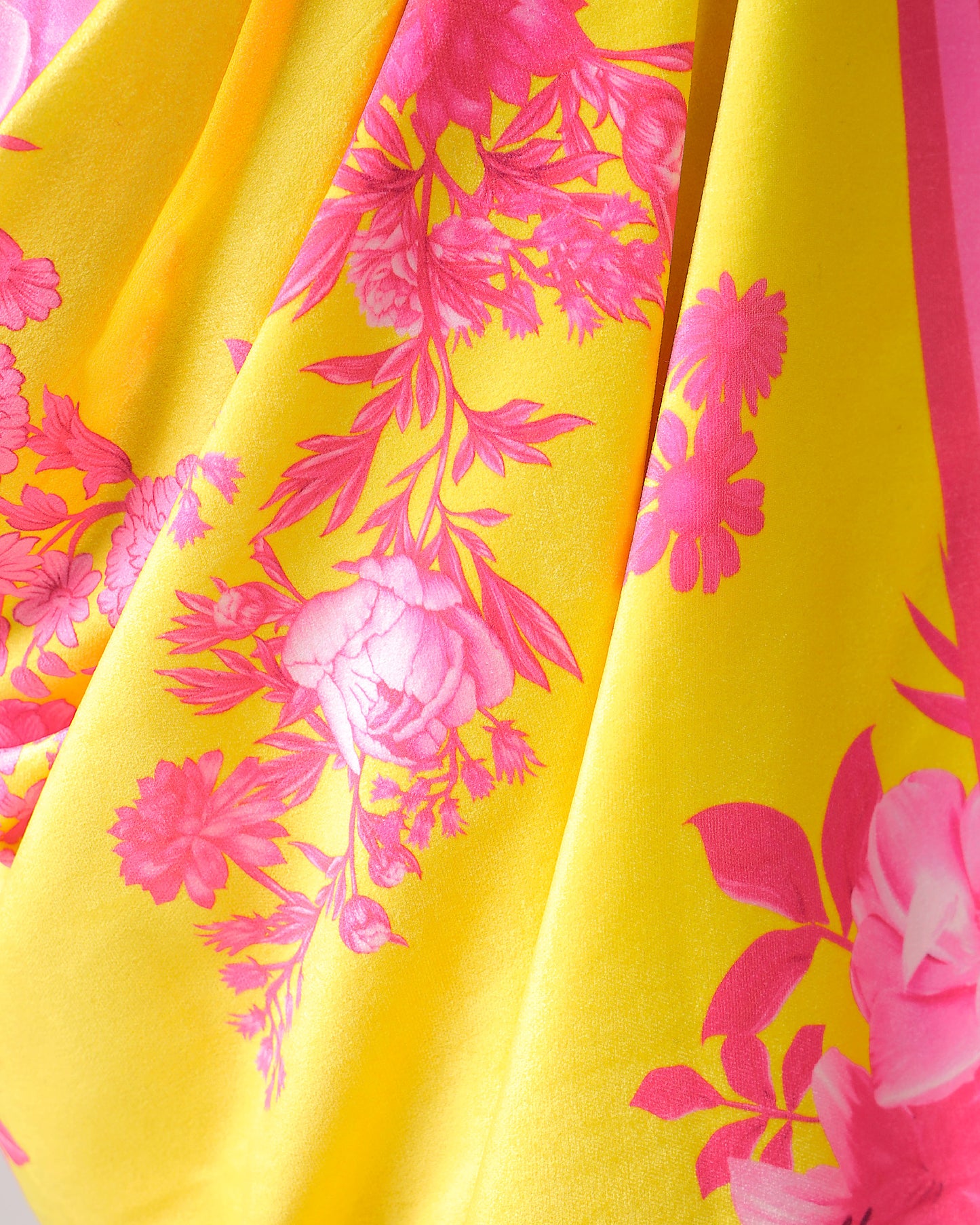 Velvet Pop: Cyber Yellow Pink Floral Premium Velvet Saree