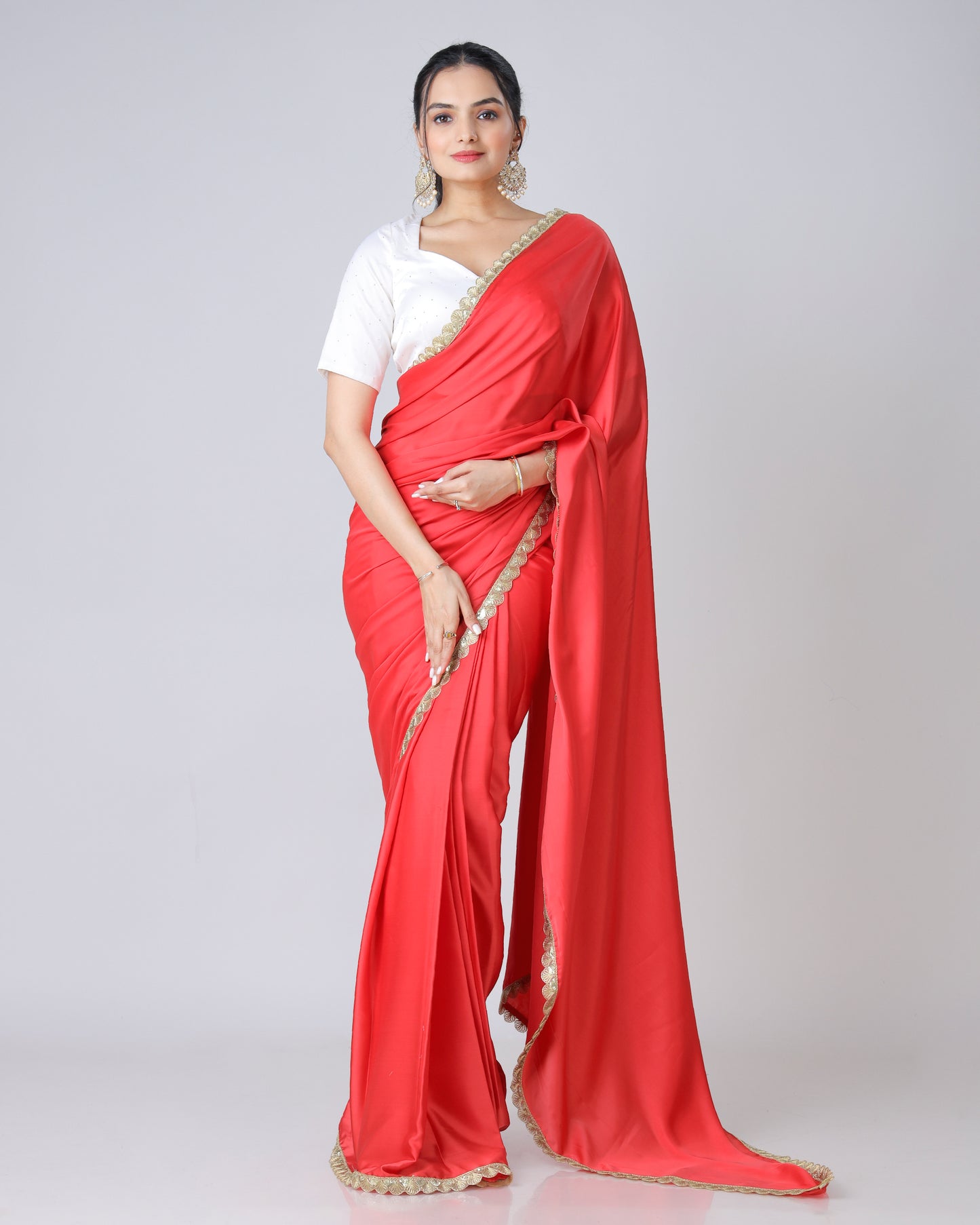 Vermilion Red Stunning Designer Saree With Romantic Lacework Touch