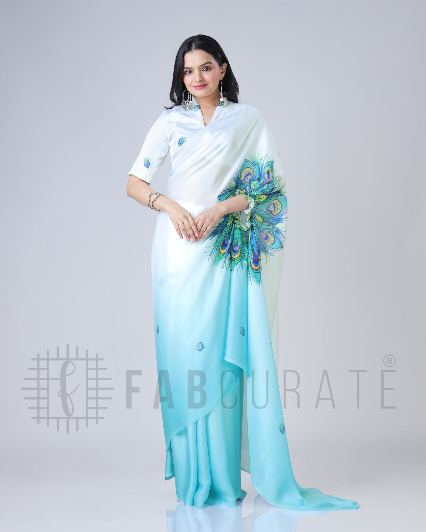 Blue Feather Ombre Freehand Saree