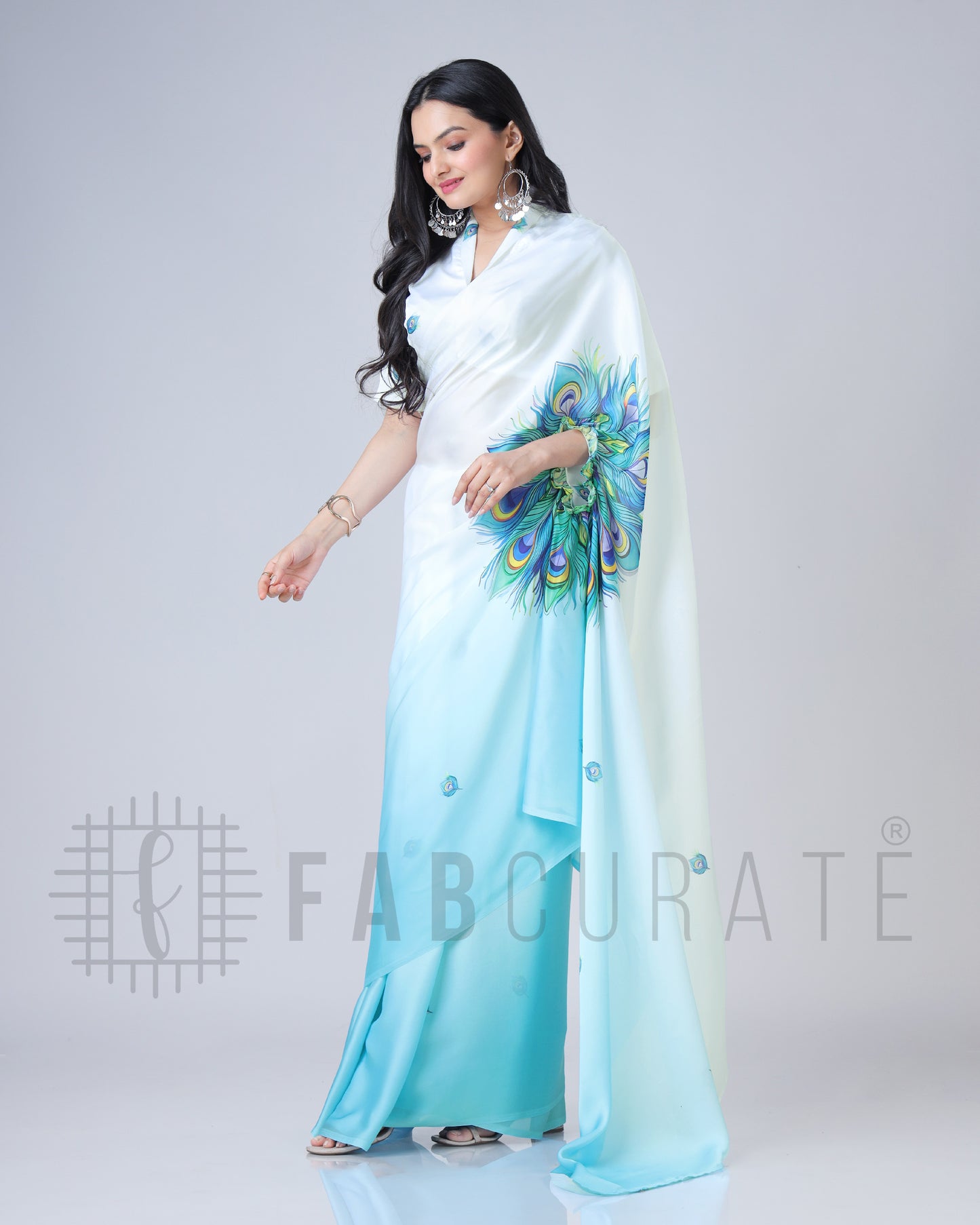 Blue Feather Ombre Freehand Saree