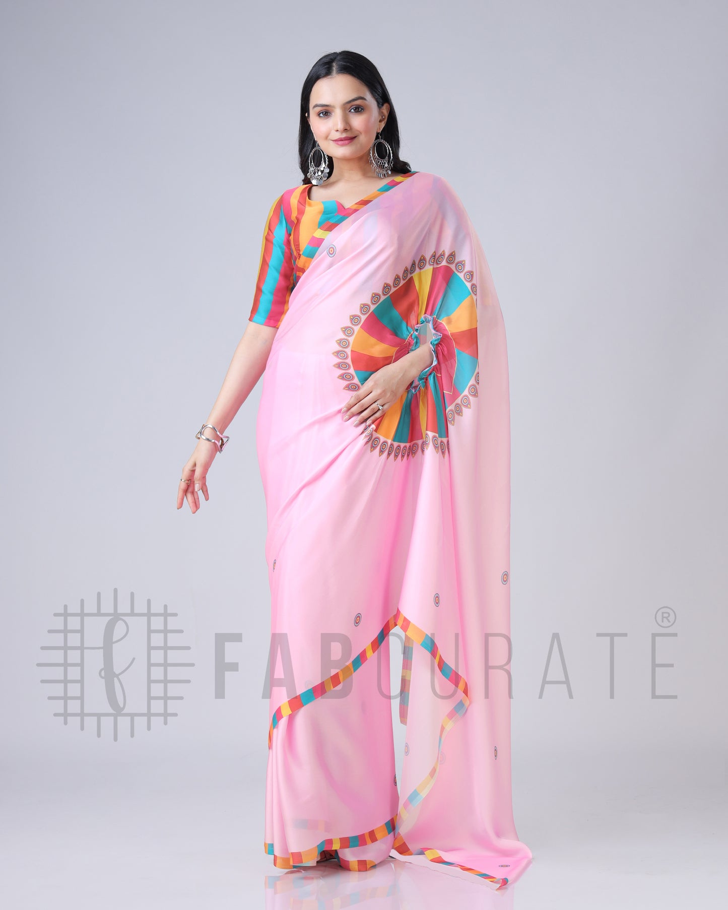 Pink Ethnic Contrast Border Freehand Saree