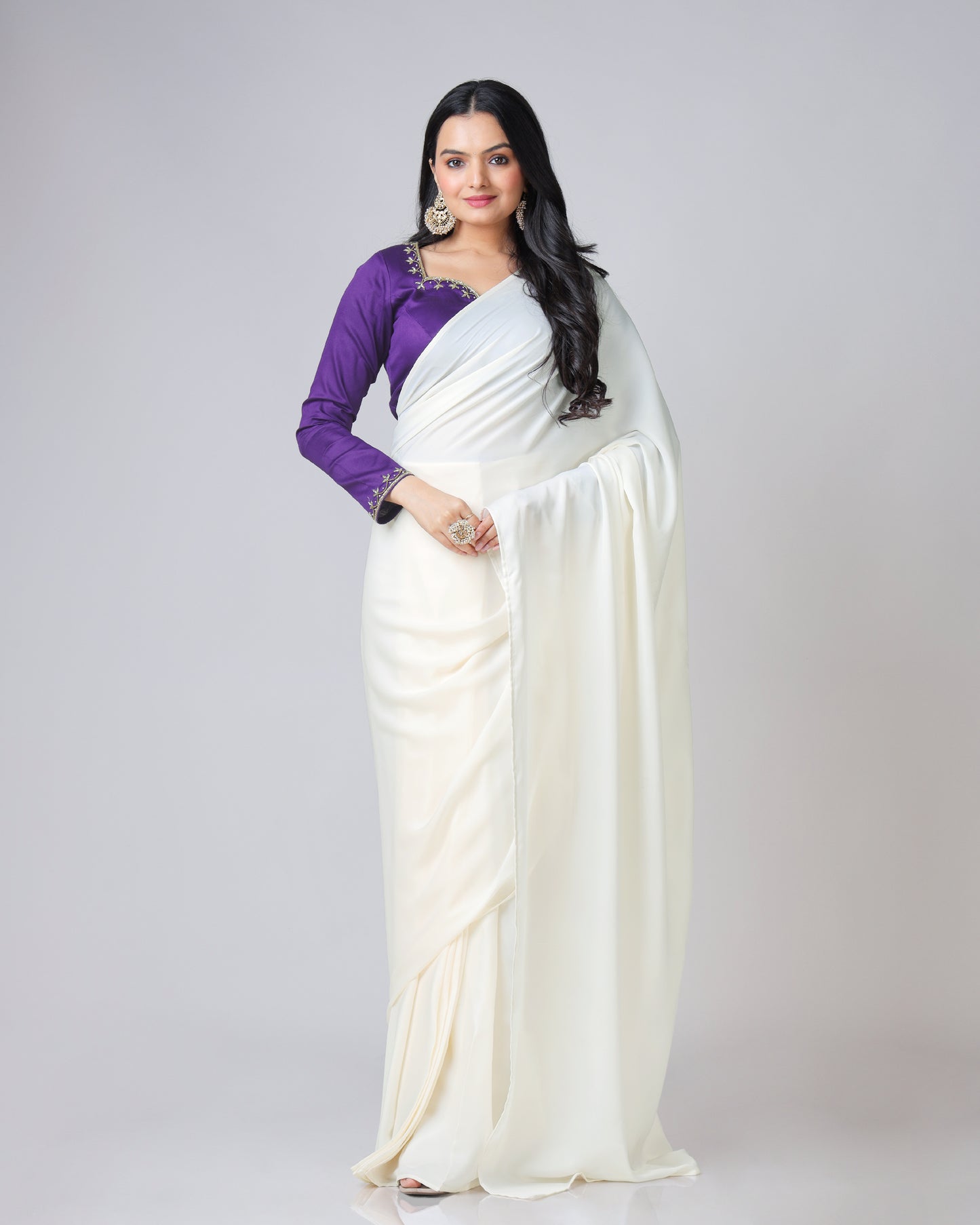 Stylish Classic Cream Plain Luxe Satin Saree