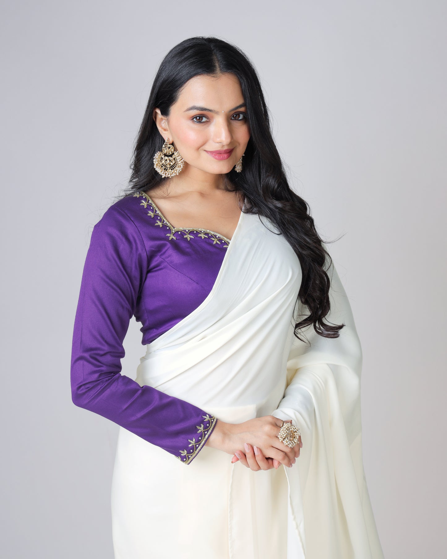 Stylish Classic Cream Plain Luxe Satin Saree