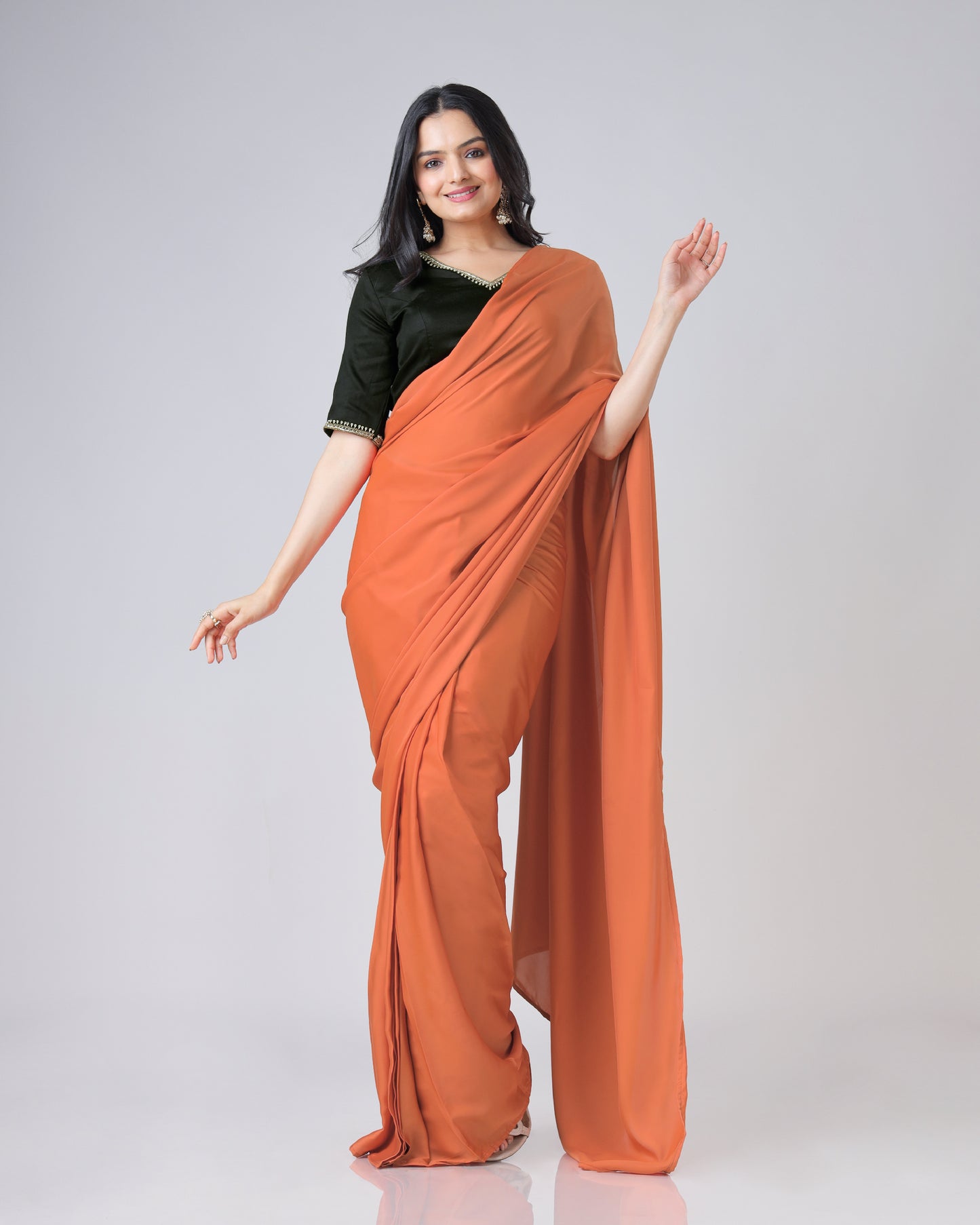 Stylish Classic Fire Orange Plain Luxe Satin Saree