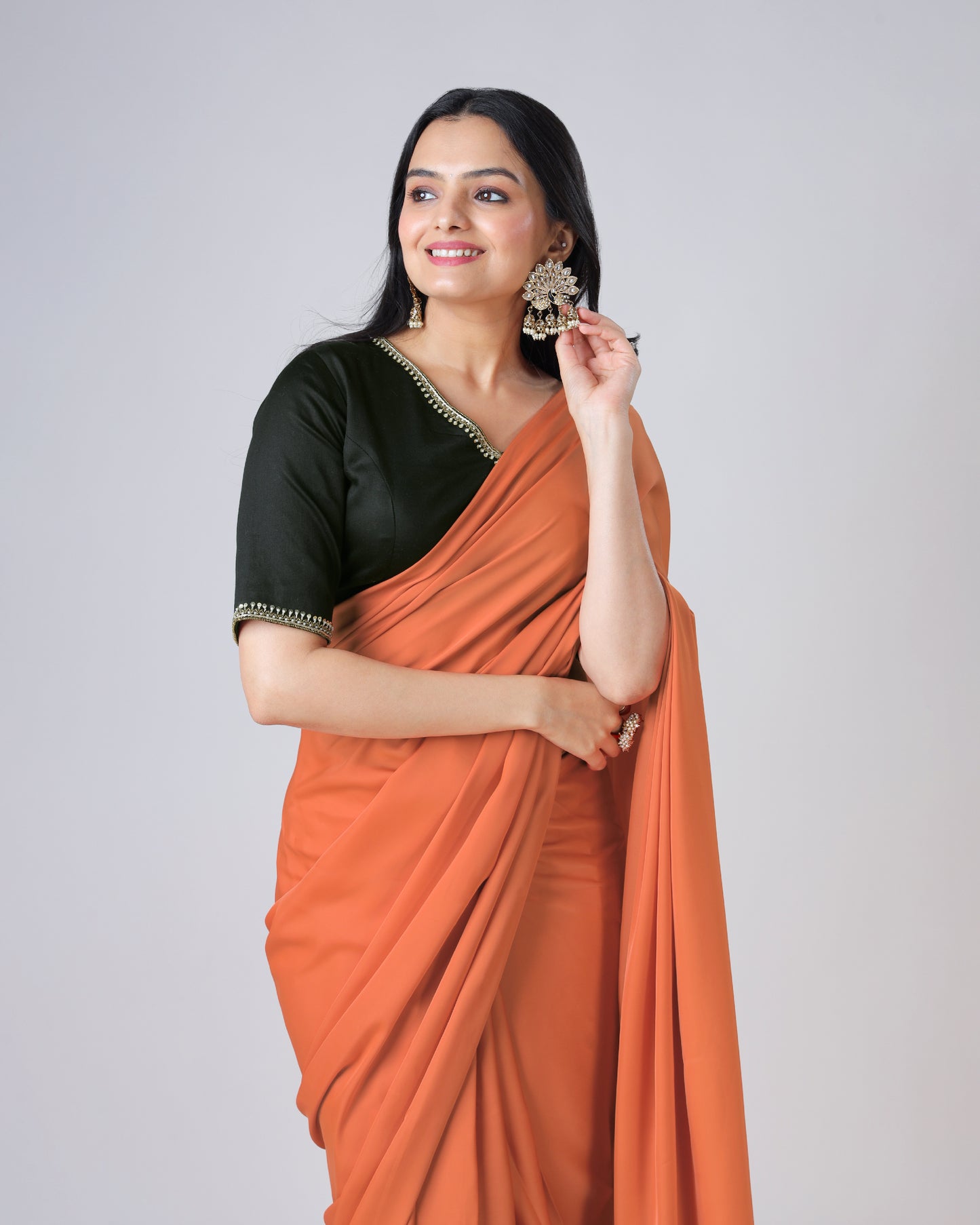 Stylish Classic Fire Orange Plain Luxe Satin Saree