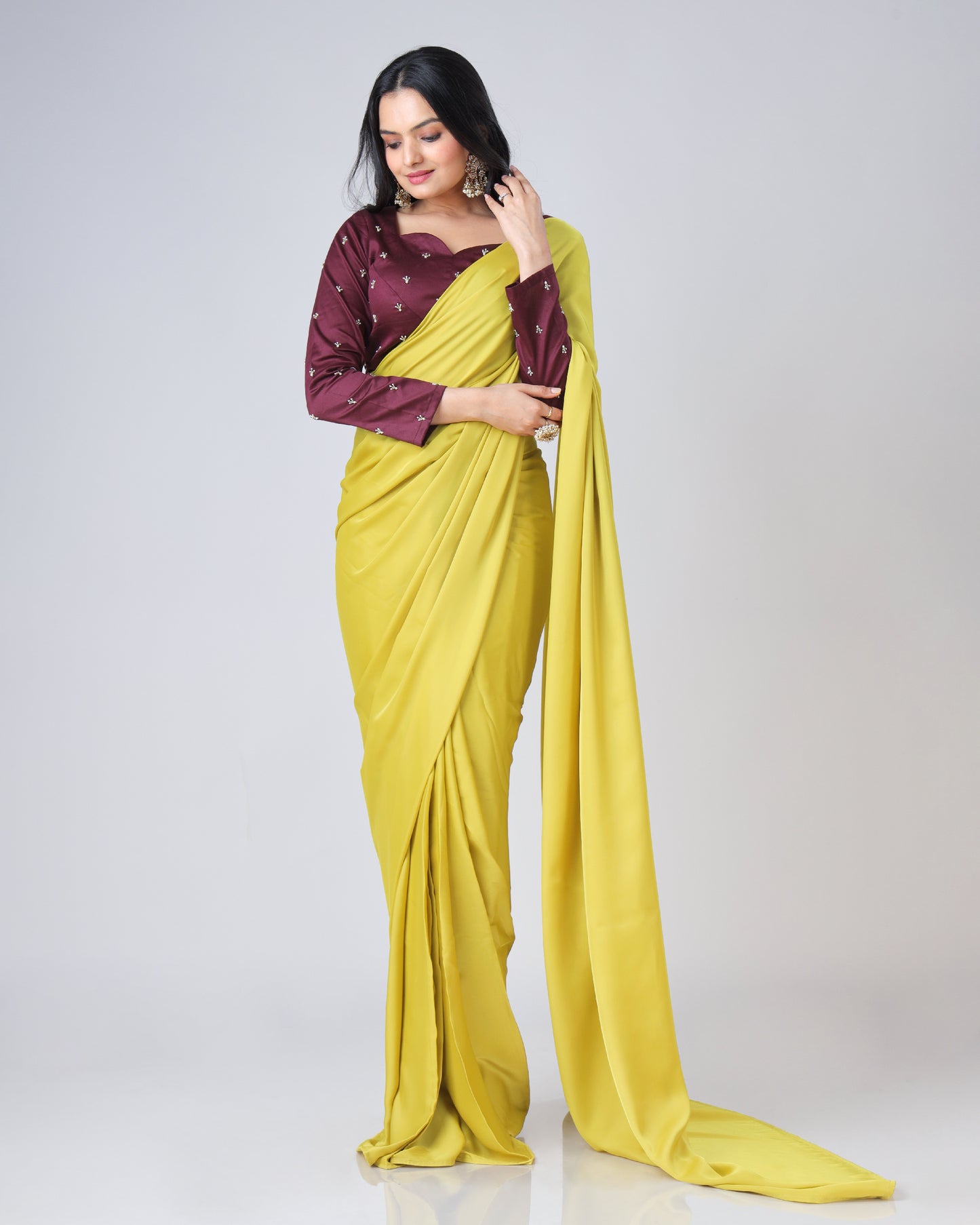 Stylish Classic Citrine Yellow Plain Luxe Satin Saree