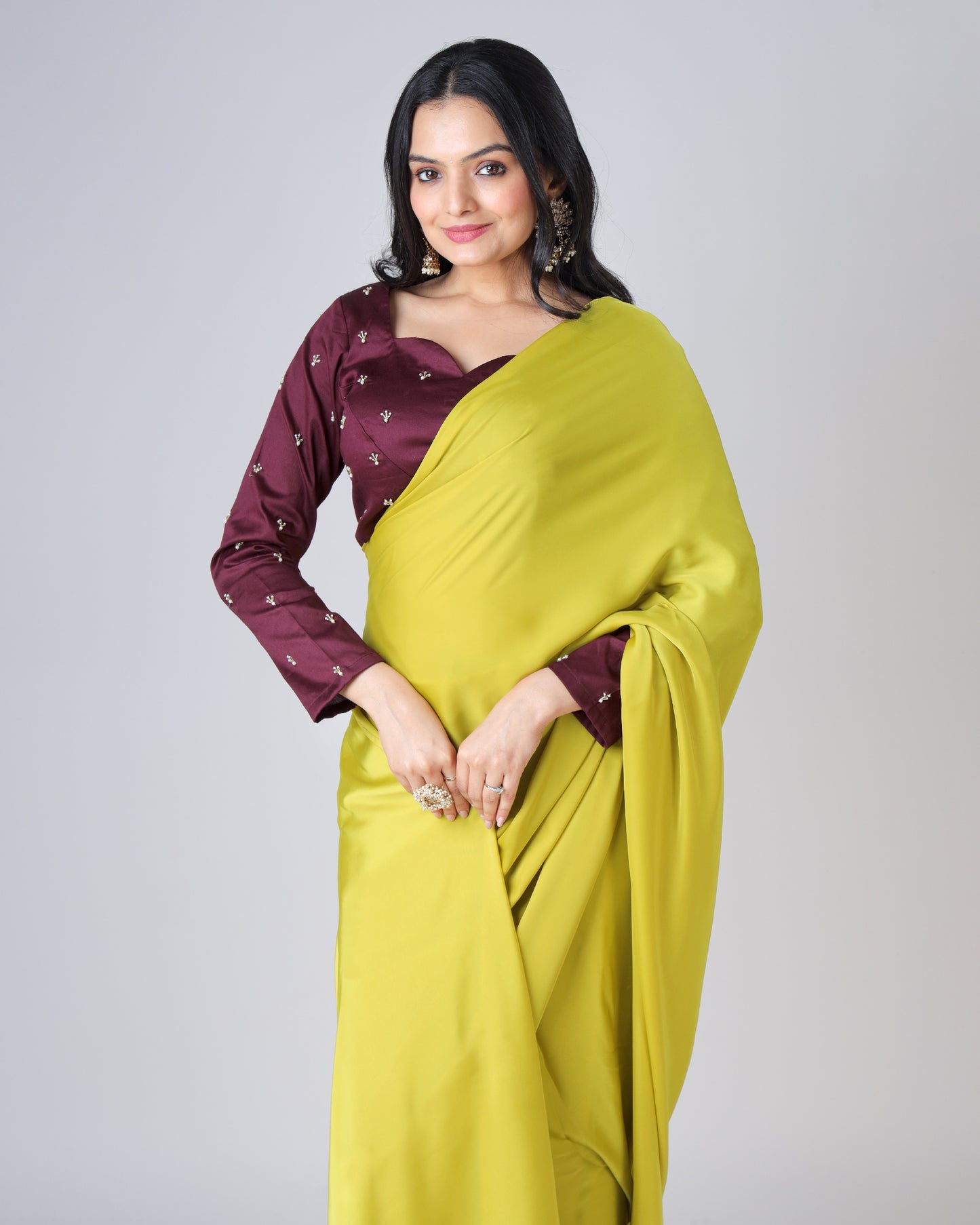 Stylish Classic Citrine Yellow Plain Luxe Satin Saree