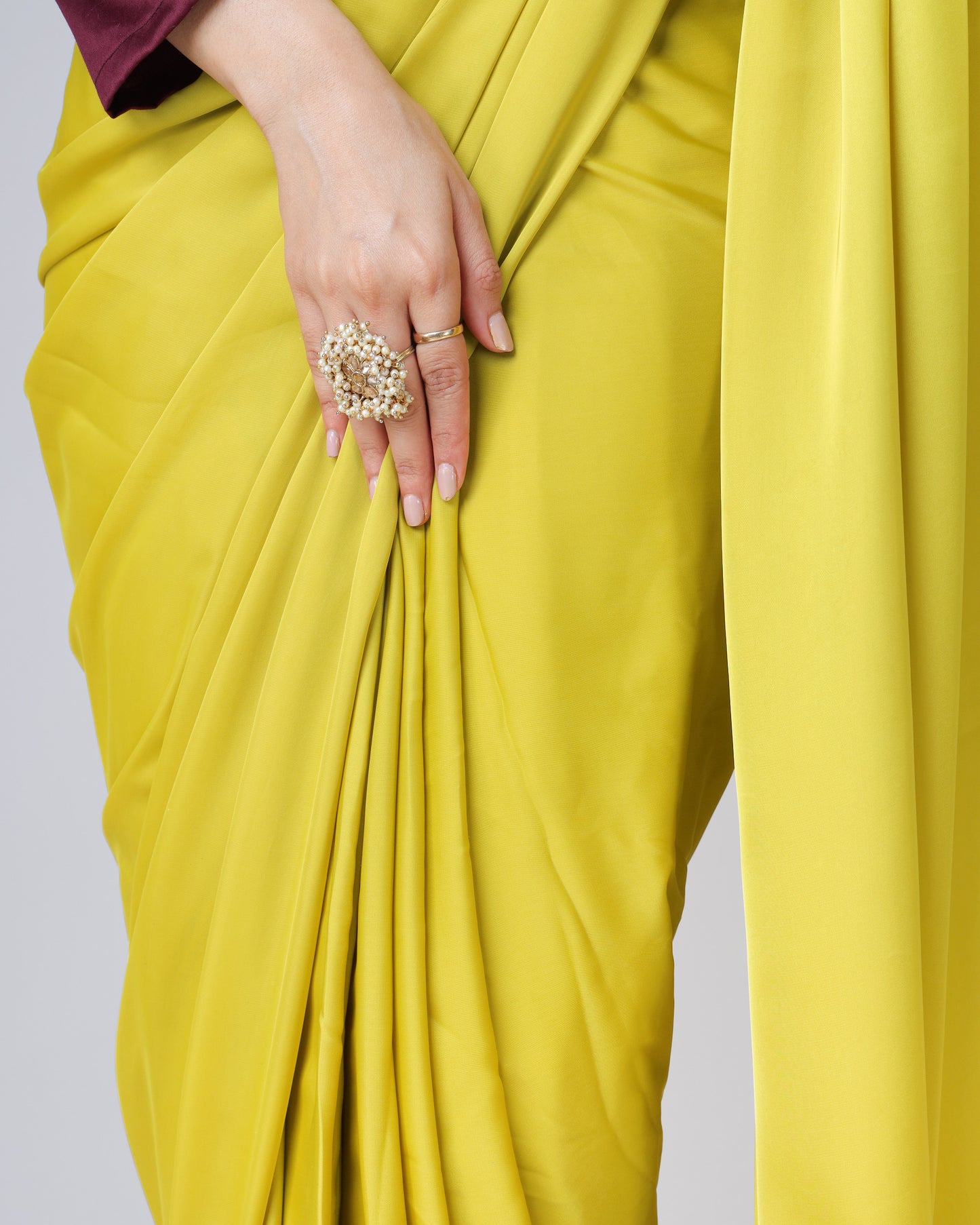 Stylish Classic Citrine Yellow Plain Luxe Satin Saree