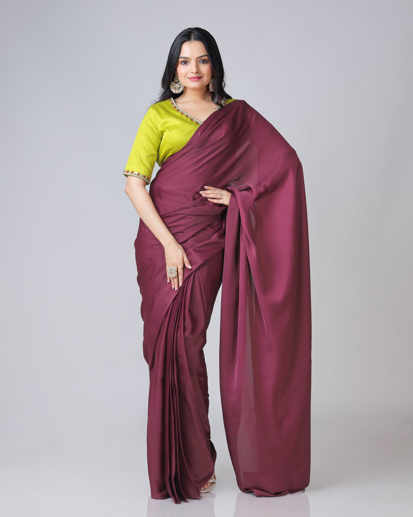 Stylish Classic Jam Purple Plain Luxe Satin Saree