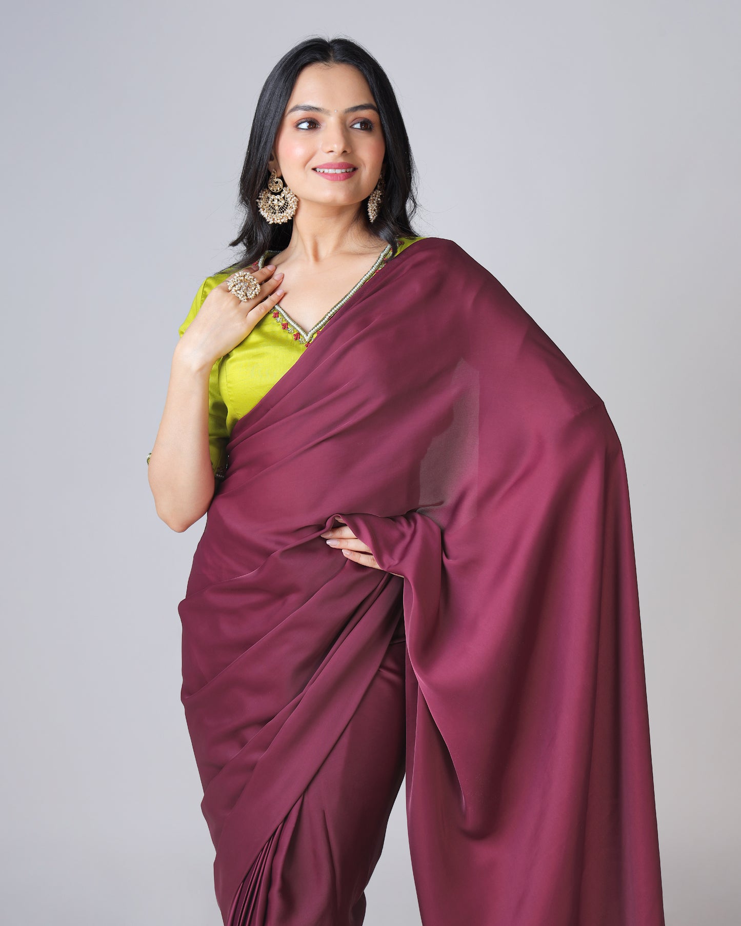 Stylish Classic Jam Purple Plain Luxe Satin Saree