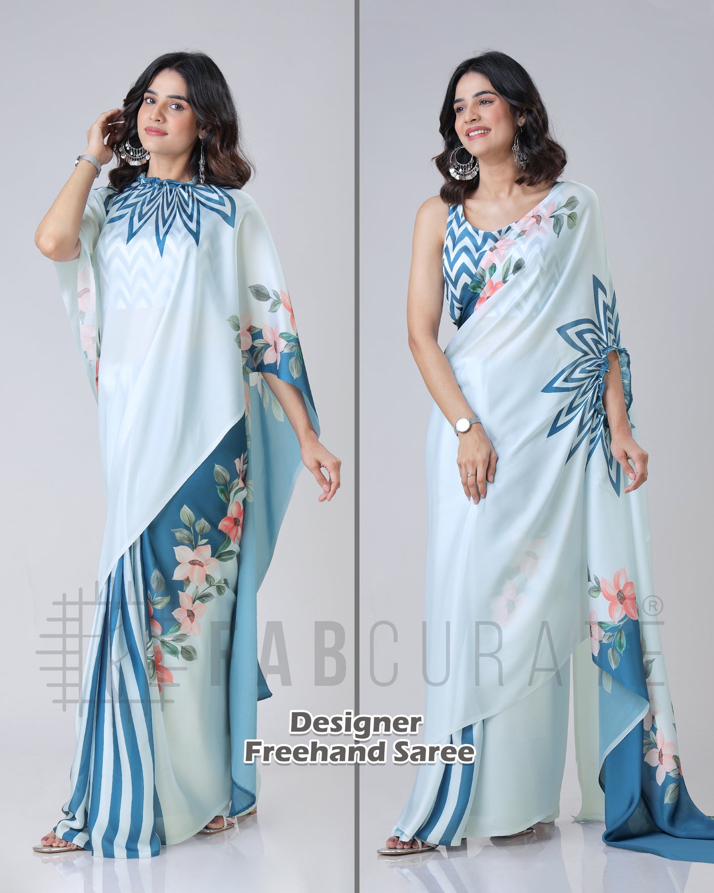 Lovely Floral Stripes Freehand Saree