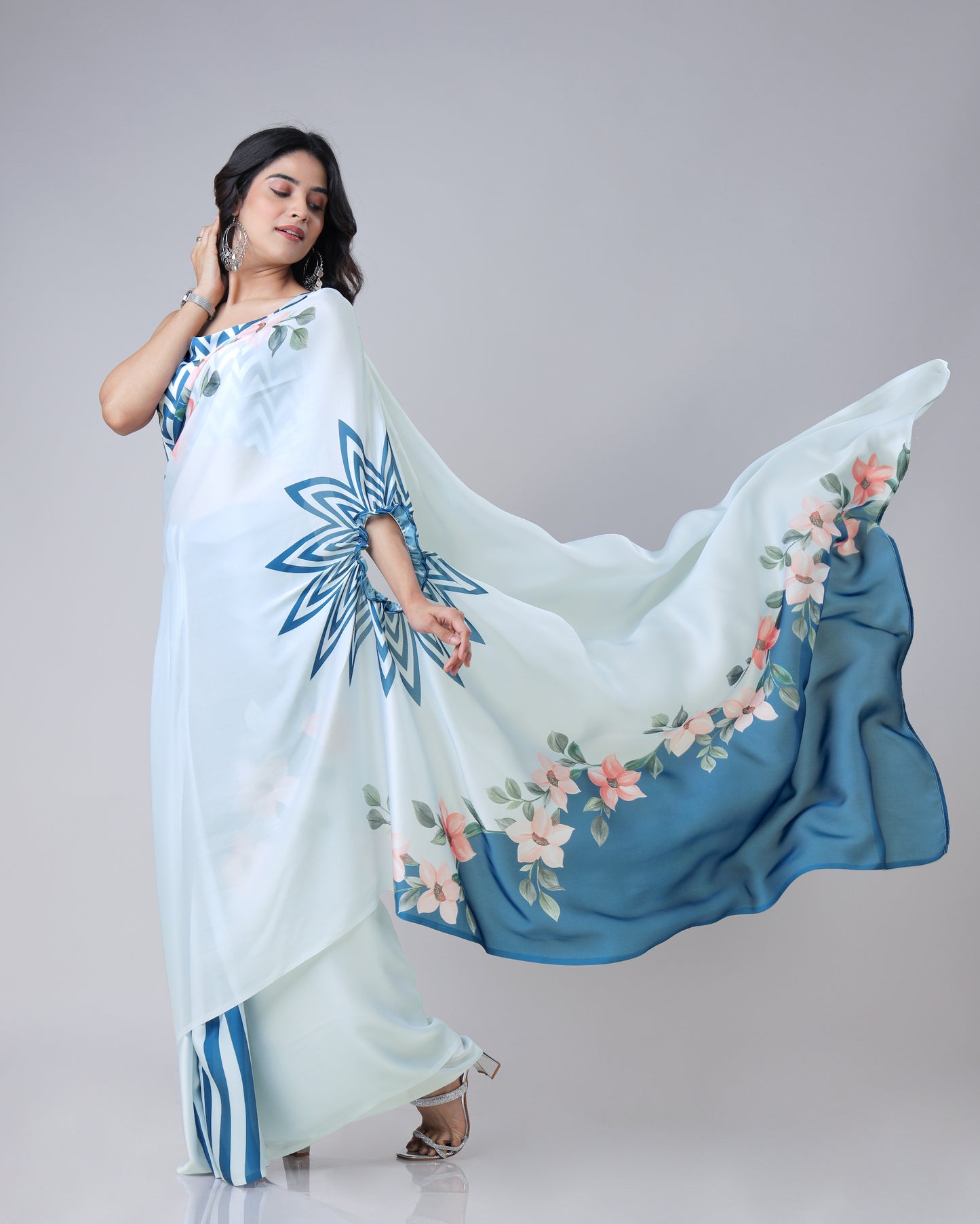Lovely Floral Stripes Freehand Saree