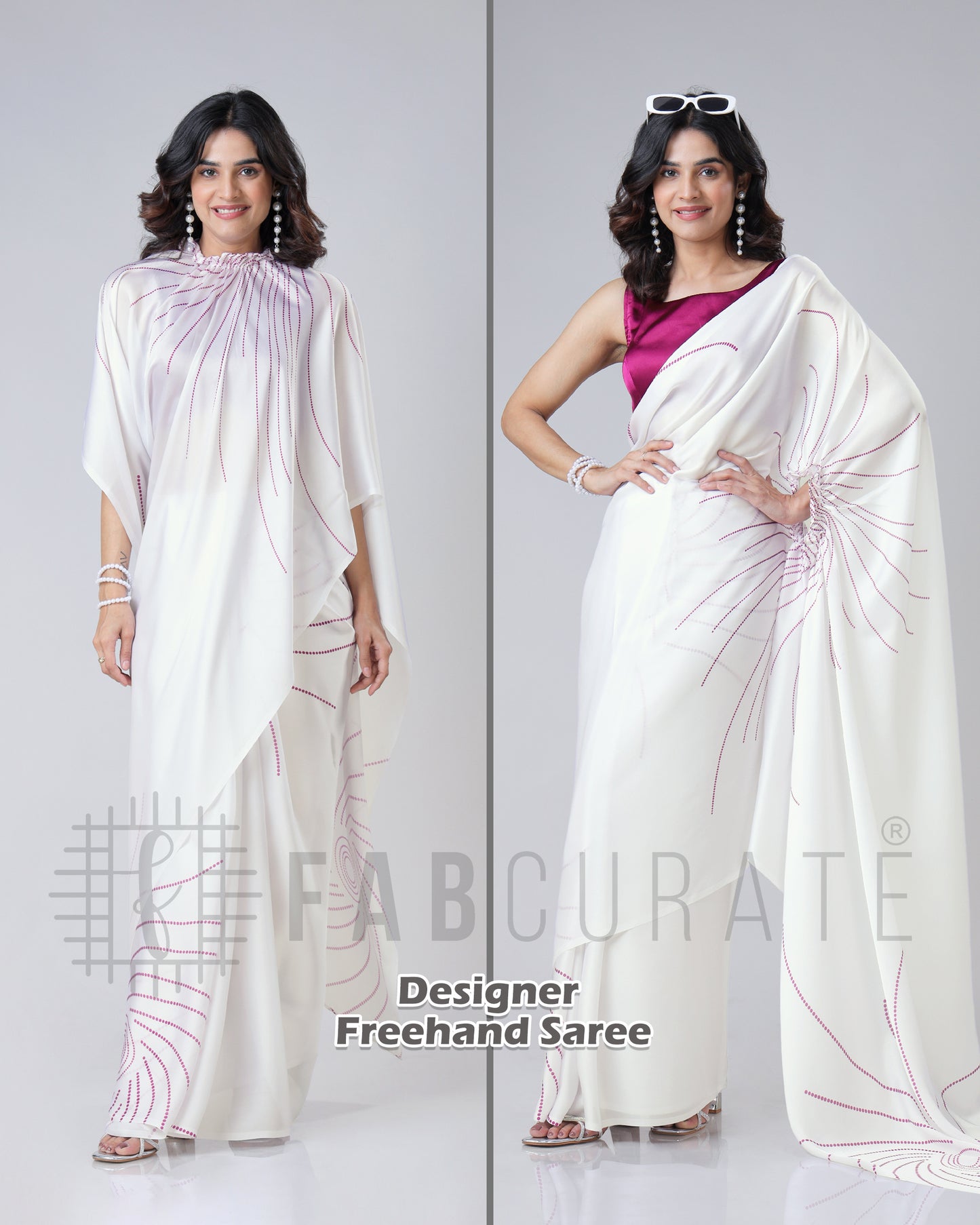 Retro Wavy Polka Stripes Freehand Saree