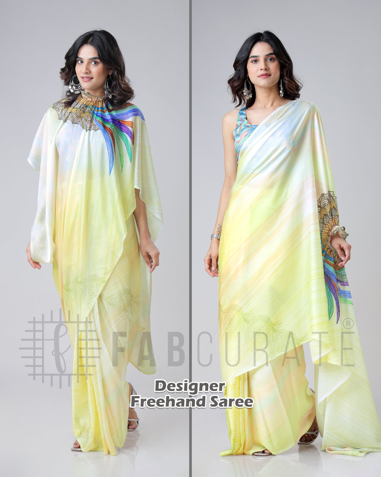 Stylish Multi-Color Leaves Mandalaa Print Freehand Saree