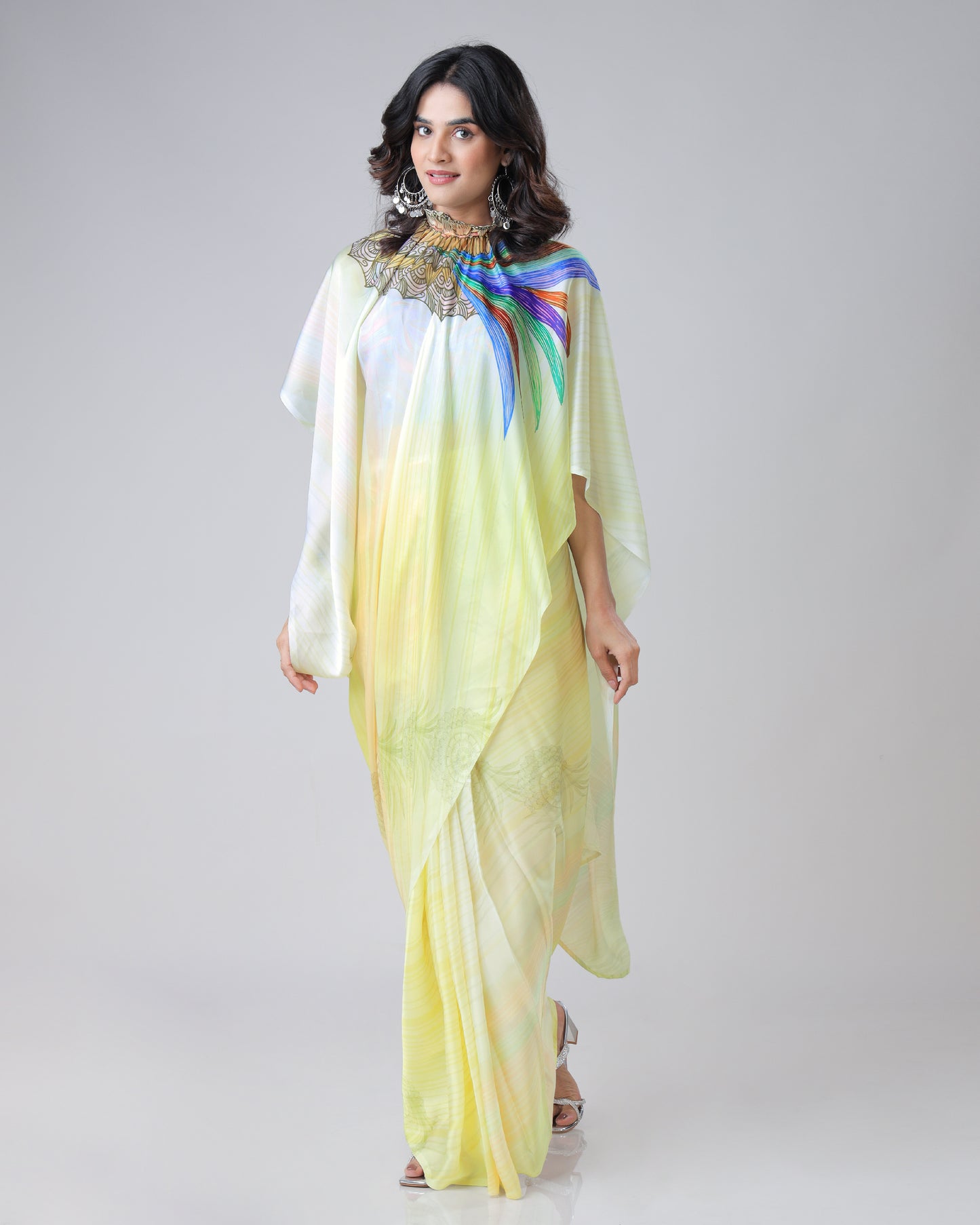 Stylish Multi-Color Leaves Mandalaa Print Freehand Saree