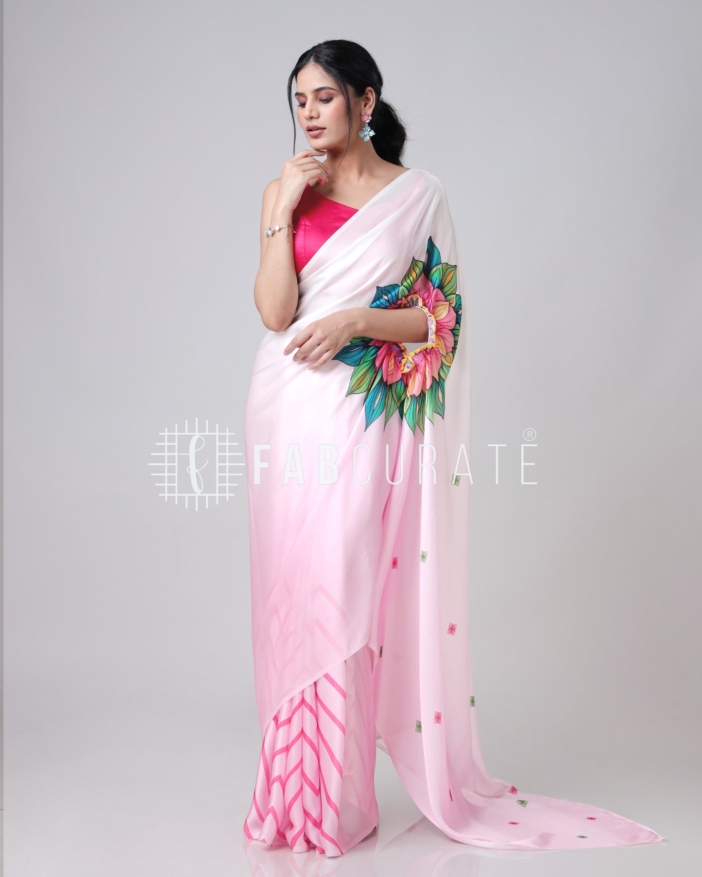 The Social Media Icon Chevron Floral Freehand Saree By Fabcurate