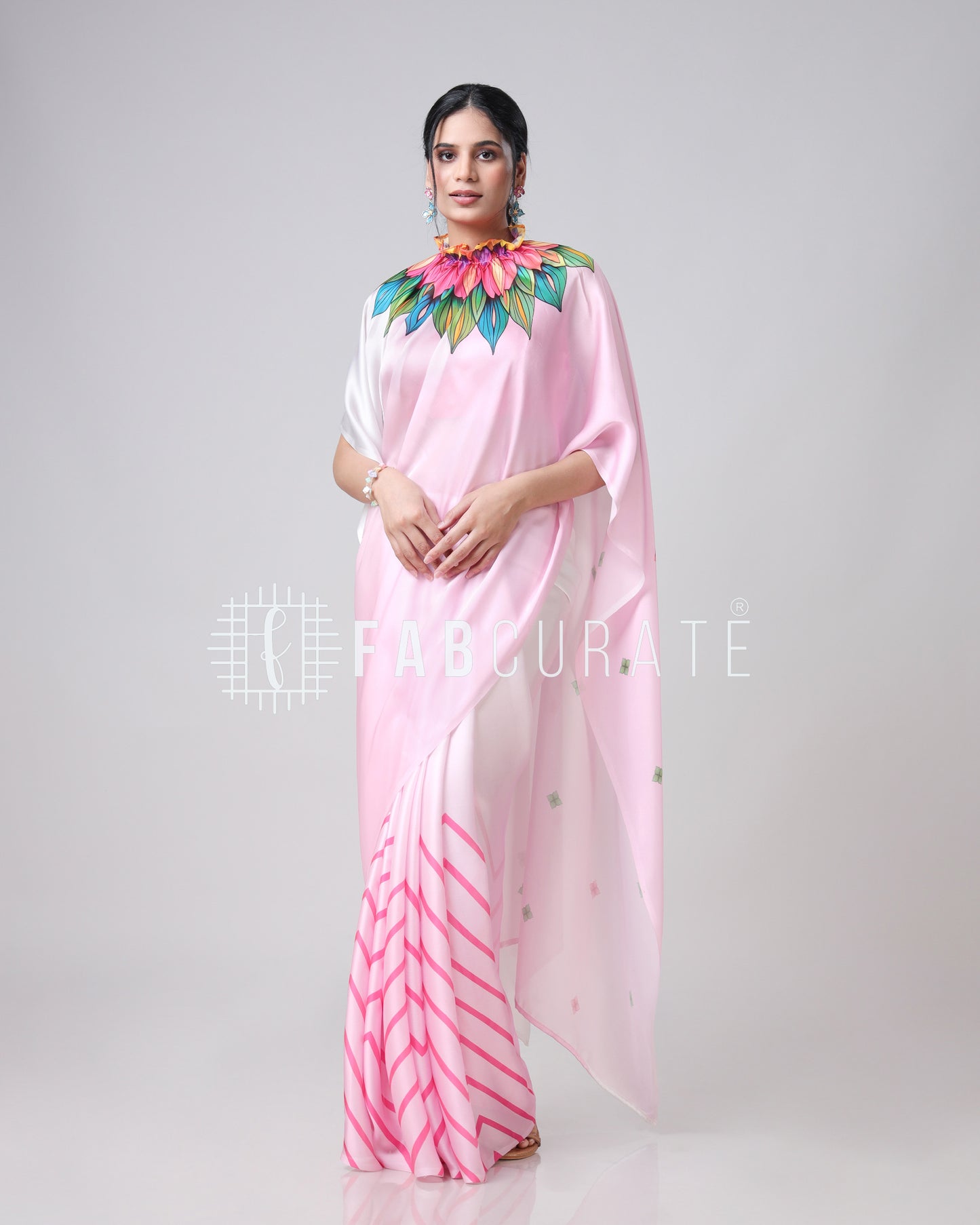 The Social Media Icon Chevron Floral Freehand Saree By Fabcurate