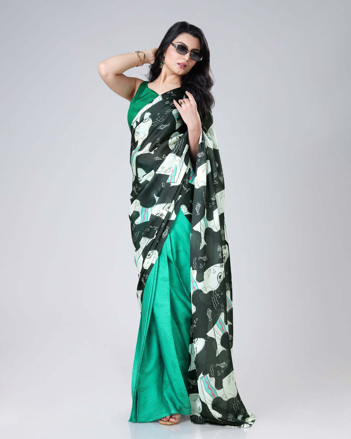 Face Print, Full Hint - Fashion Ka Naya Mint Quirky Saree