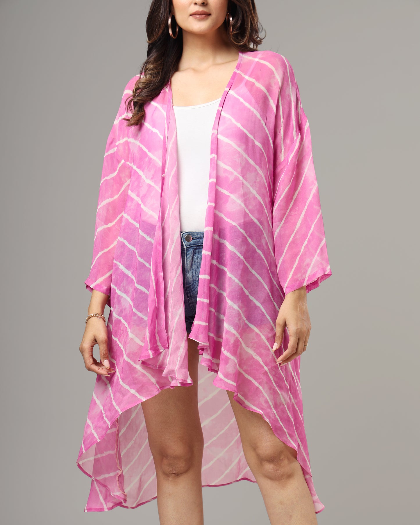 Forever Pink Leheriya Waterfall Shrug For Women
