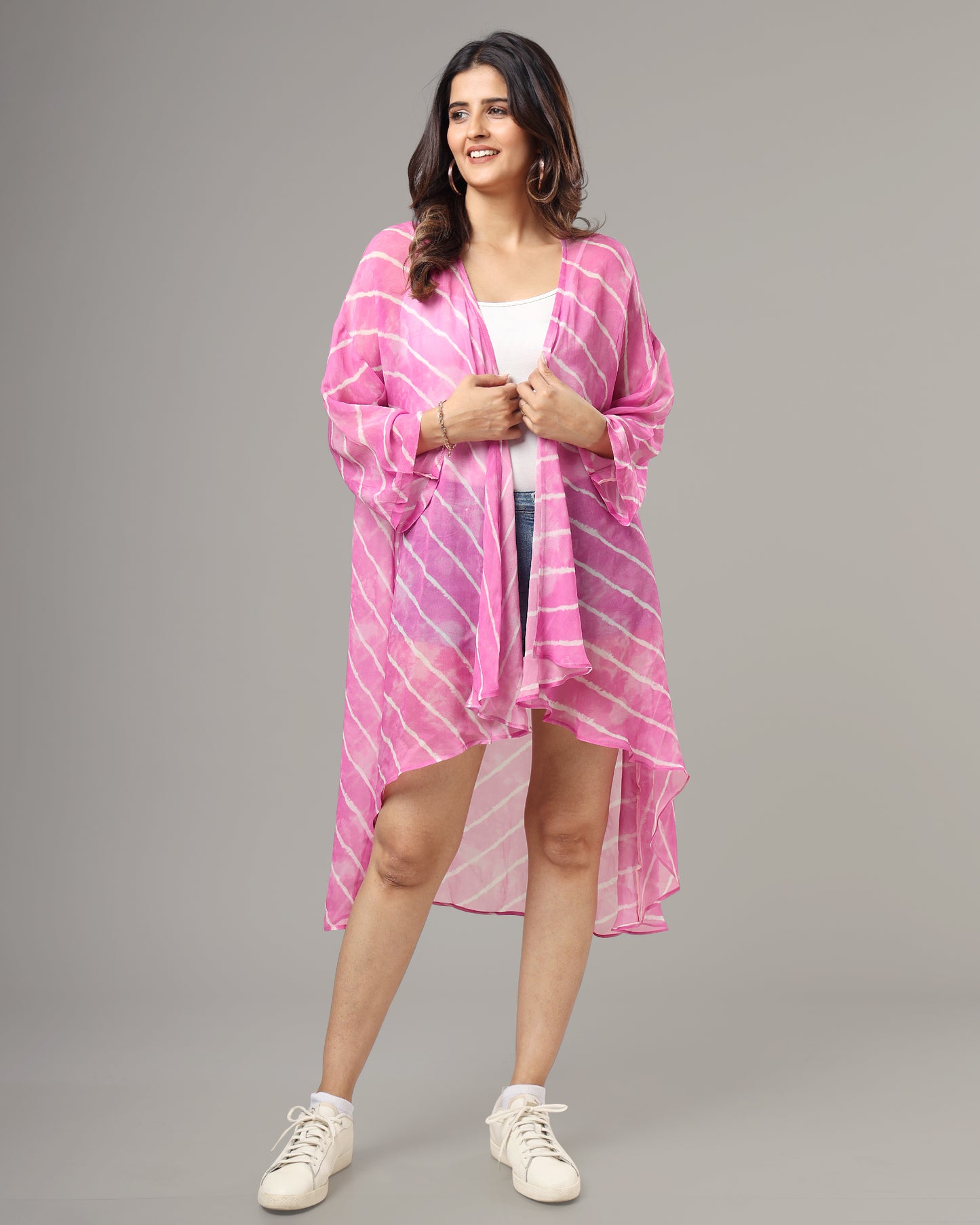 Forever Pink Leheriya Waterfall Shrug For Women