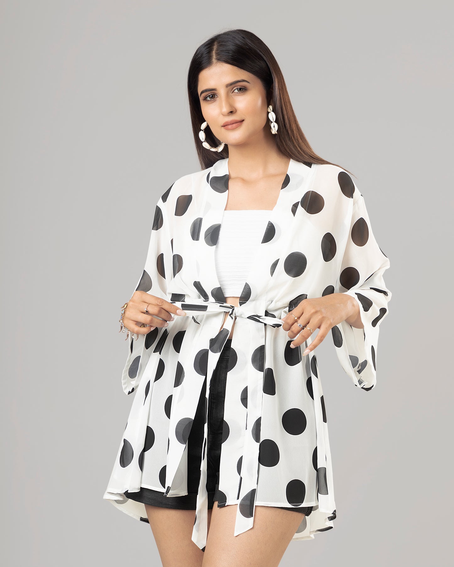 Trendy Polka Dots Tie Belt Shrug For Women